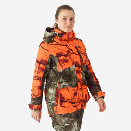 Veste chasse femme 3 en 1 chaude imperméable silencieuse camouflage fluo 500