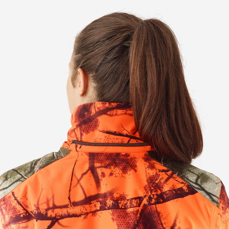 Veste chasse femme 3 en 1 chaude imperméable silencieuse camouflage fluo 500