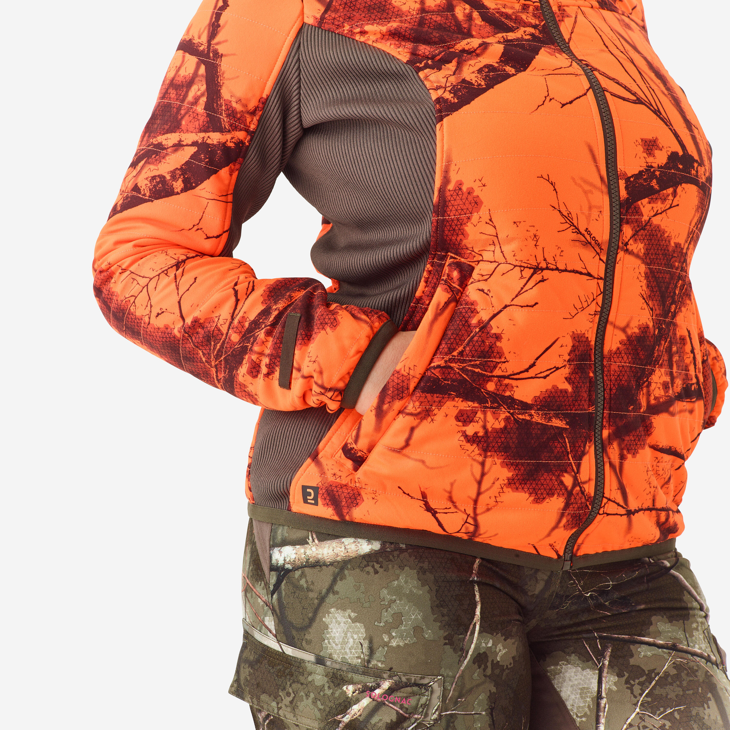 Veste chasse femme 3 en 1 chaude imperméable silencieuse camouflage fluo 500 18/25