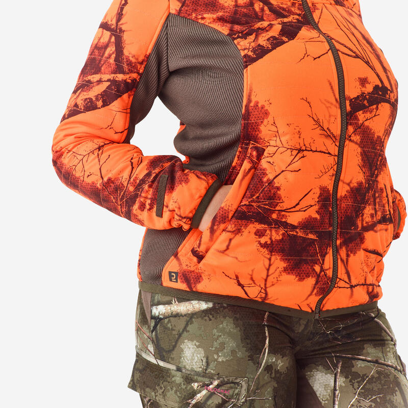 Veste chasse femme 3 en 1 chaude imperméable silencieuse camouflage fluo 500