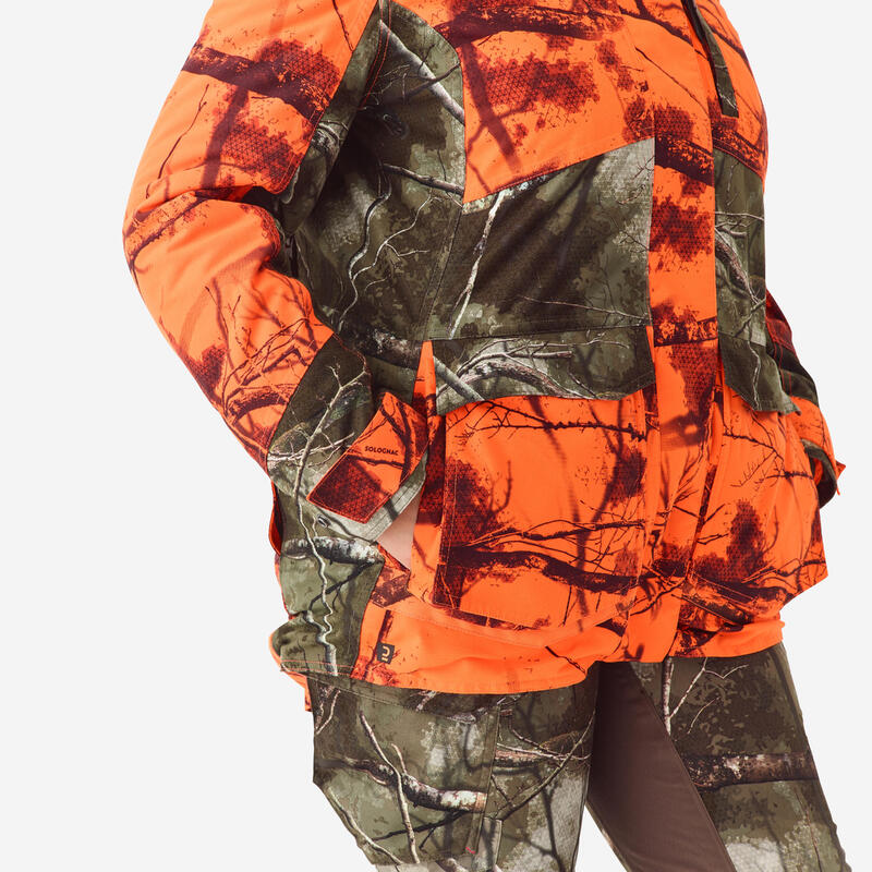 Warme waterdichte geluidloze 3-in-1 jachtjas voor dames 500 camouflage fluo