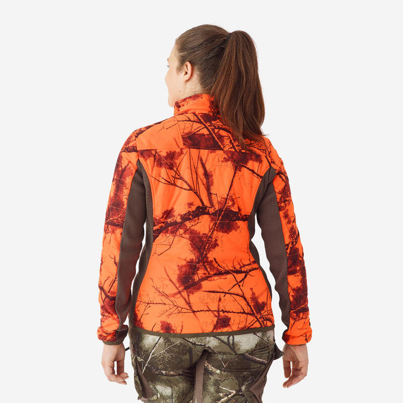 Chaqueta Caza Solognac 500 Mujer Camuflaje Flúor Silenciosa Cálida Impermeable