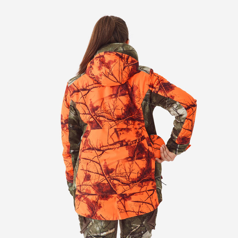 Chaqueta Caza Solognac 500 Mujer Camuflaje Flúor Silenciosa Cálida Impermeable