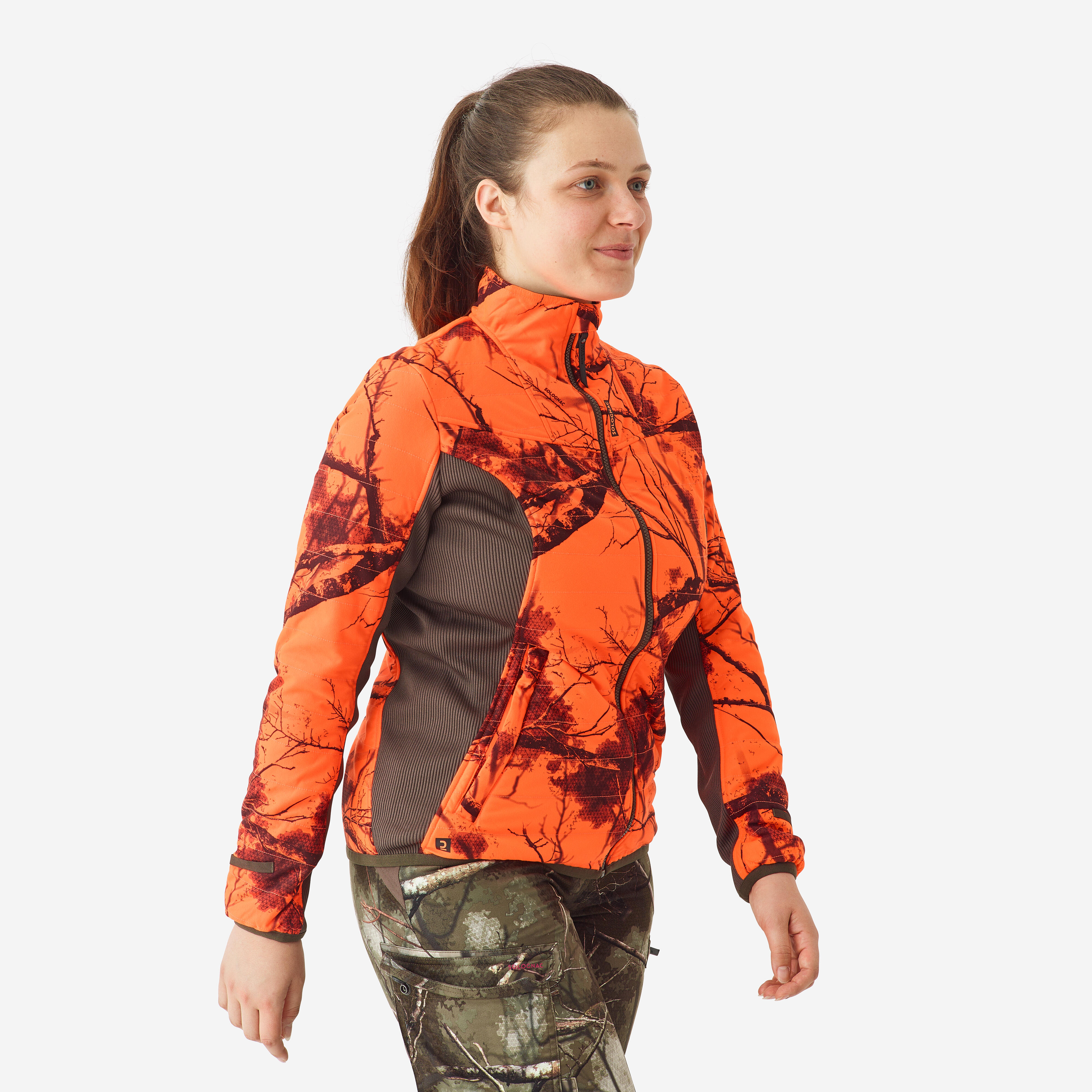Women s 3 in 1 warm silent waterproof hunting jacket neon camouflage 500 Decathlon