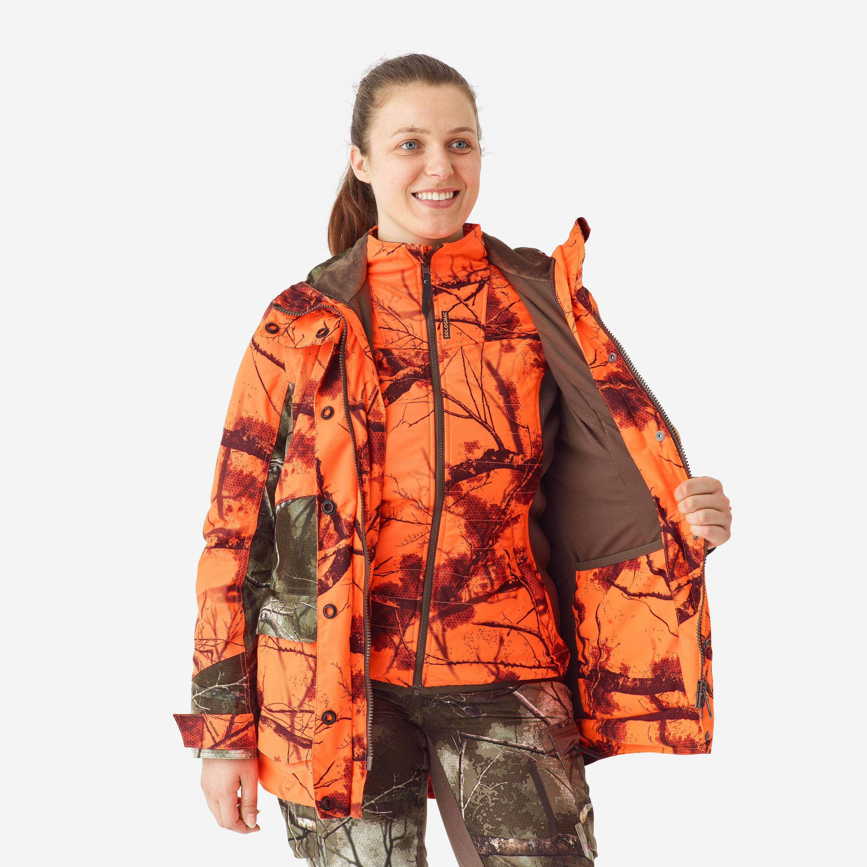 Veste chasse femme 3 en 1 chaude imperméable silencieuse camouflage fluo 500 3/25