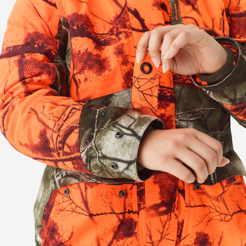 Veste chasse femme 3 en 1 chaude imperméable silencieuse camouflage fluo 500