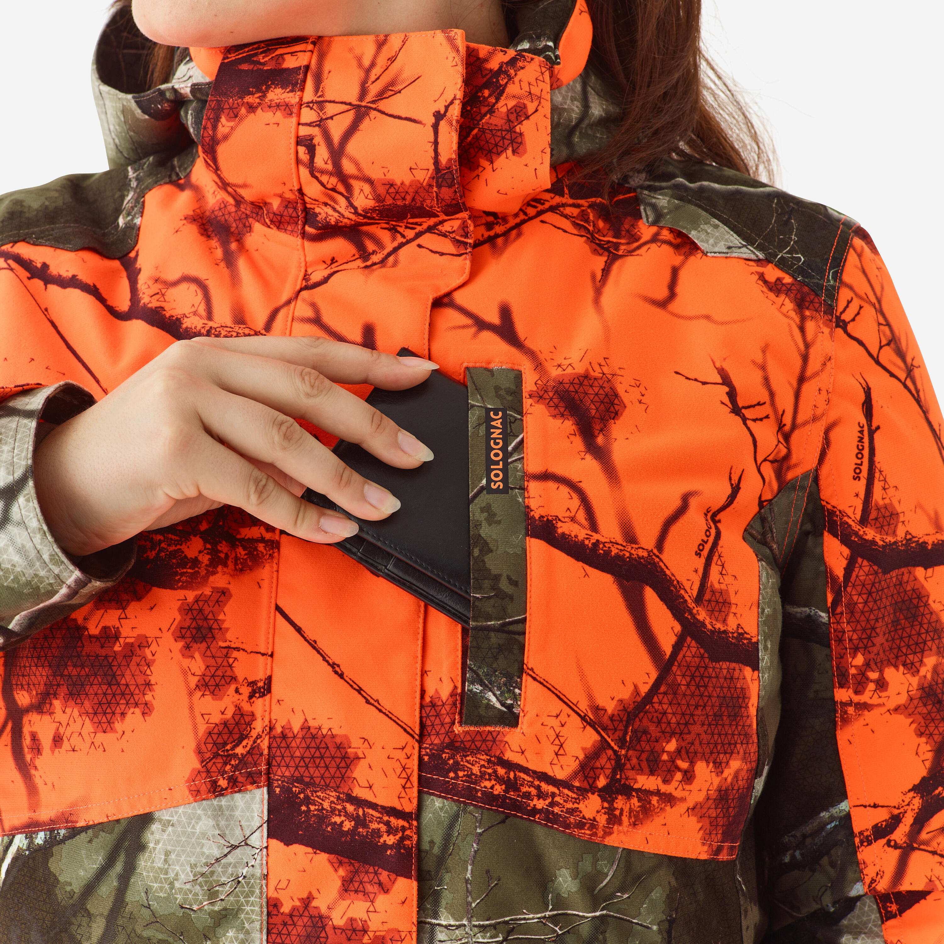 Veste chasse femme 3 en 1 chaude imperméable silencieuse camouflage fluo 500 5/25