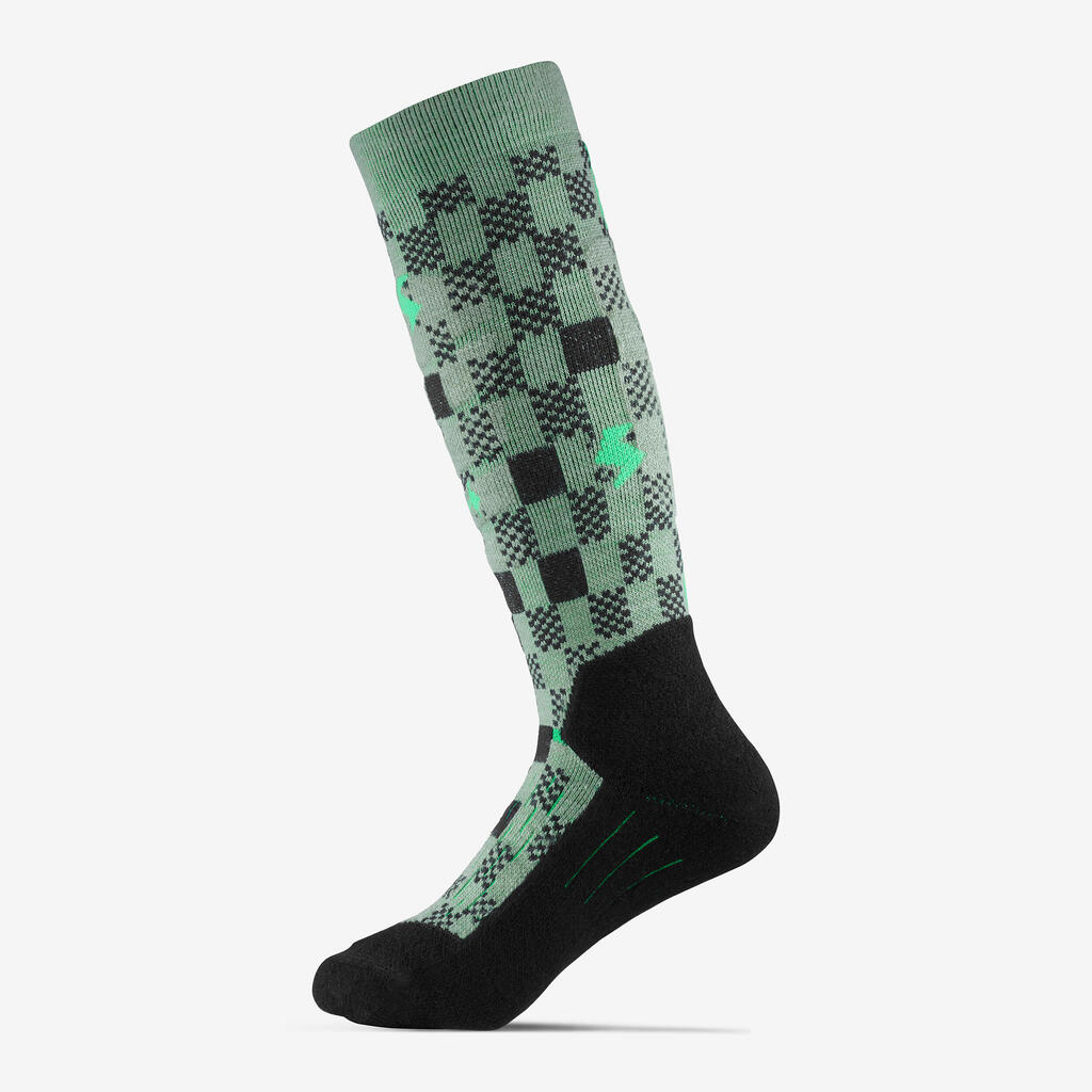 CHILDREN'S SKI AND SNOWBOARD SOCKS 100 - GREEN PATTERNED