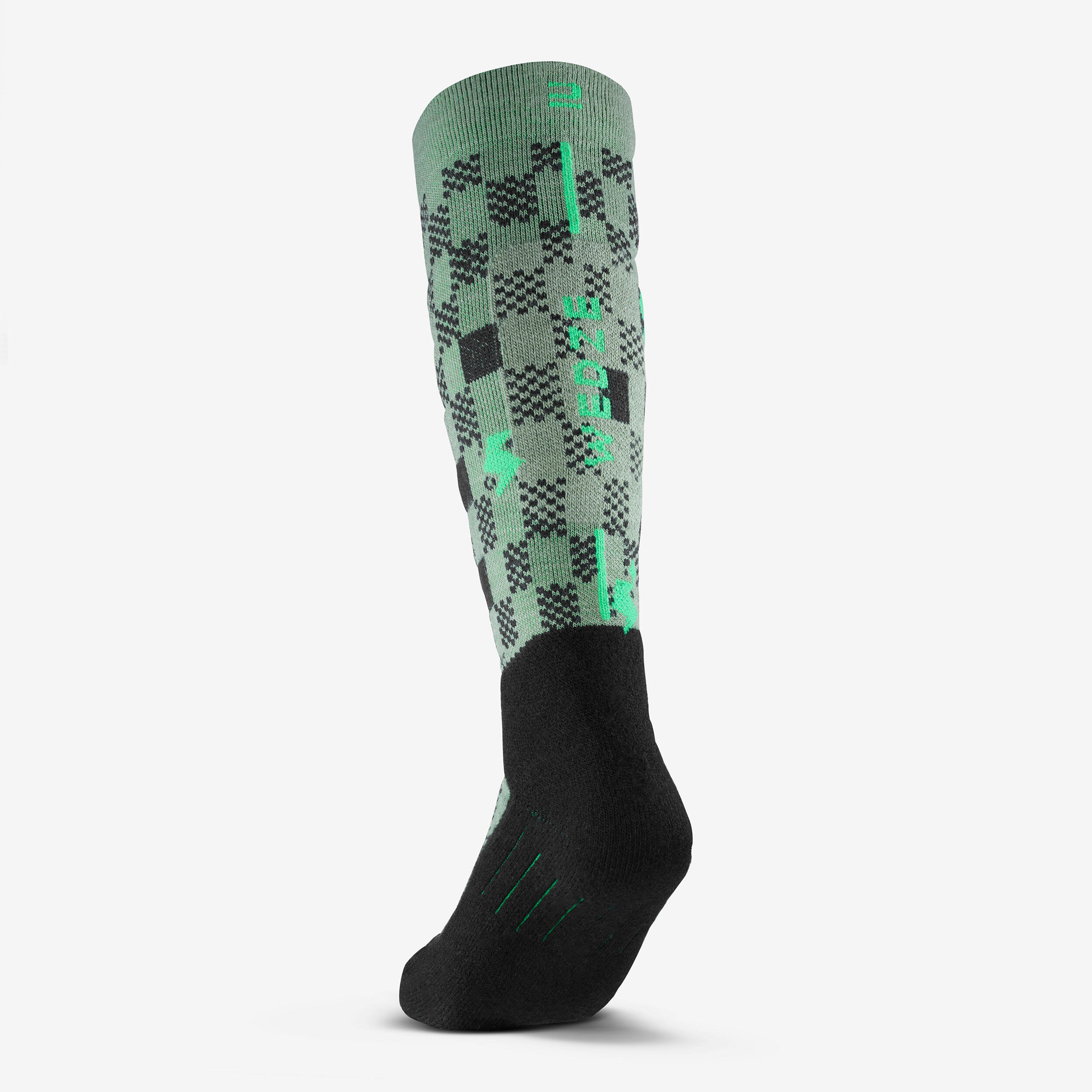 CHILDREN'S SKI AND SNOWBOARD SOCKS 100 - GREEN PATTERNS