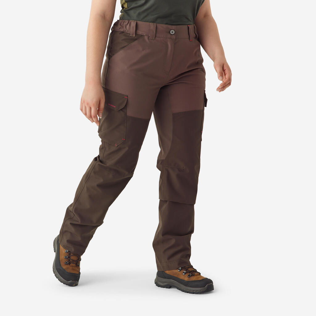 WOMEN'S HUNTING WATERPROOF TROUSERS 500 BROWN CARGO POCKETS