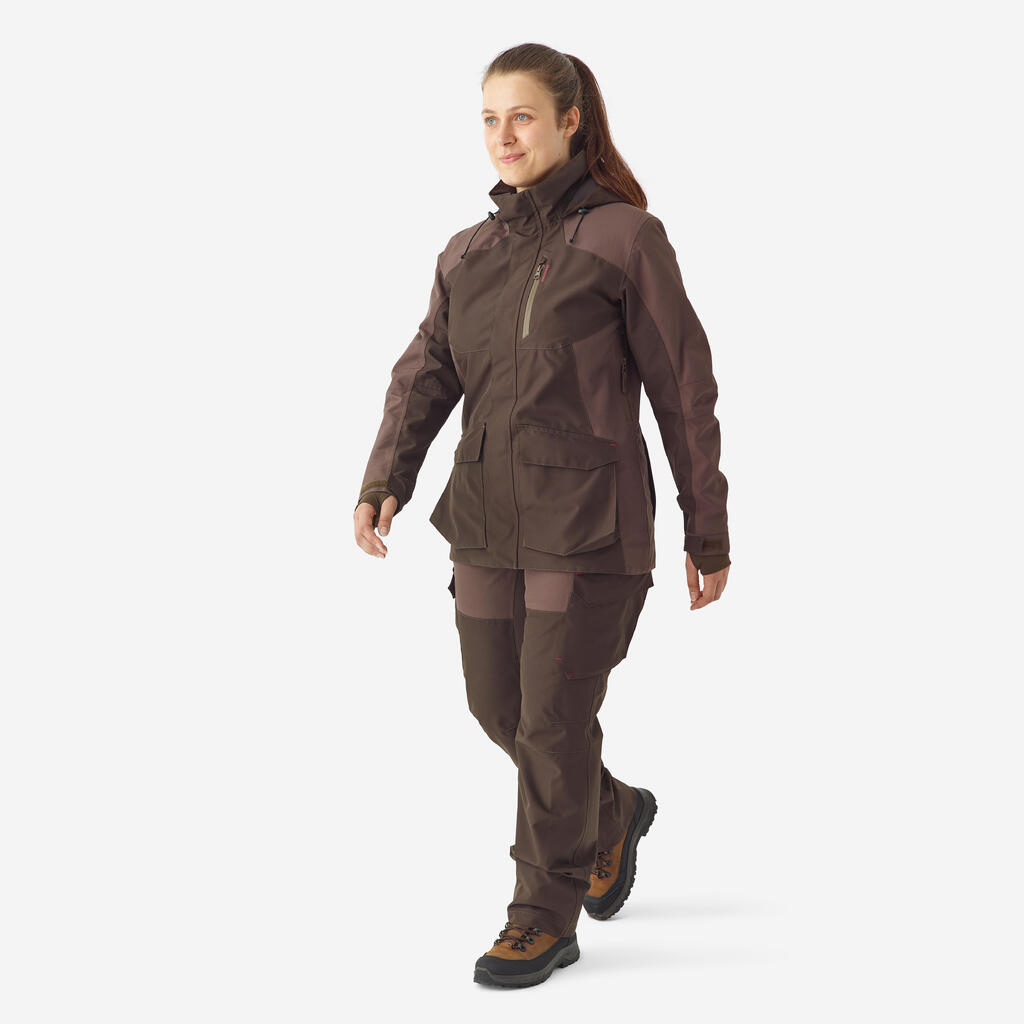 Women’s hunting waterproof trousers 500 brown cargo pockets