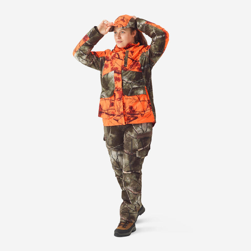 Veste chasse femme 3 en 1 chaude imperméable silencieuse camouflage fluo 500
