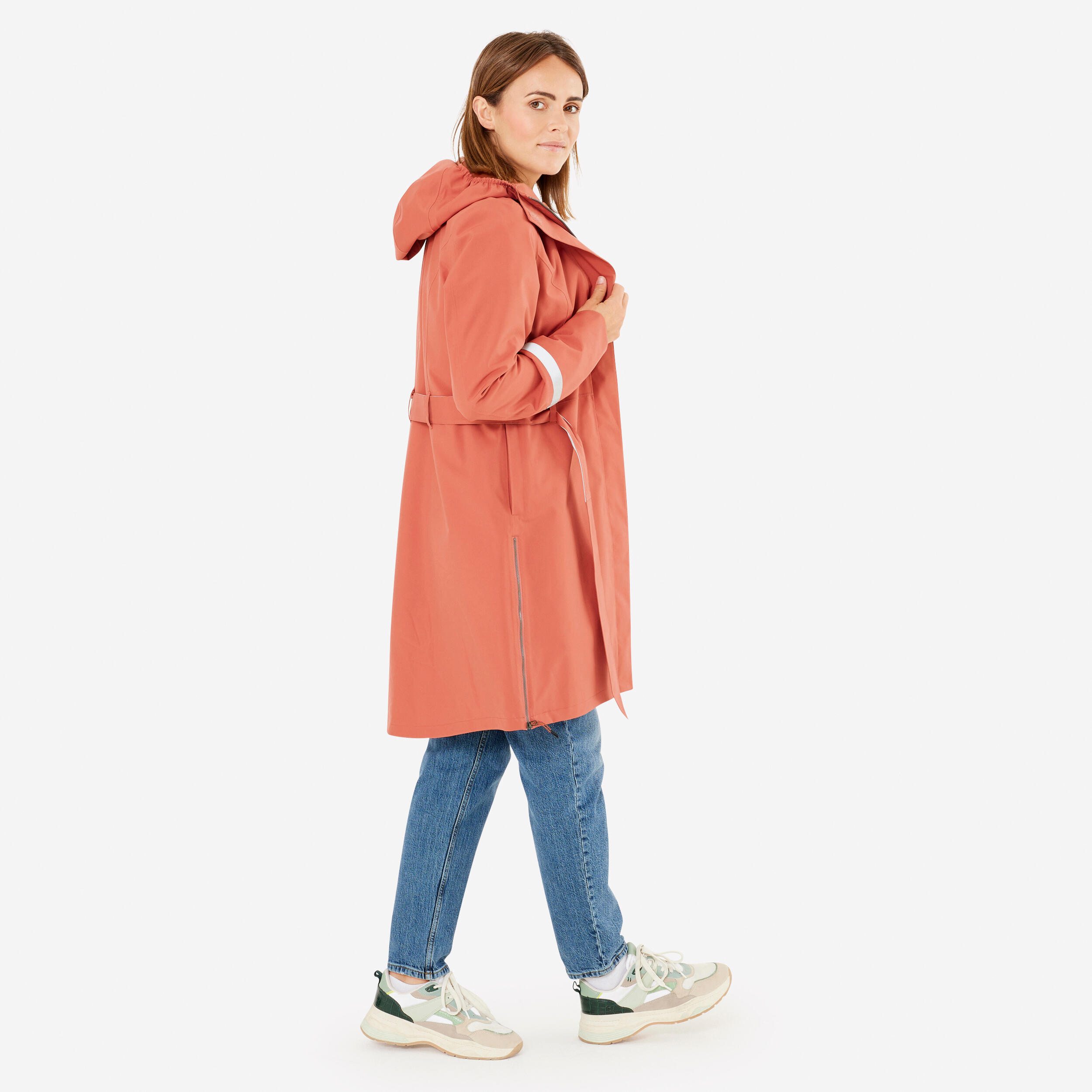 Wasserdichte Regentrenchcoat mit Kapuze Damen - Velo Stadt Terracotta 2/18