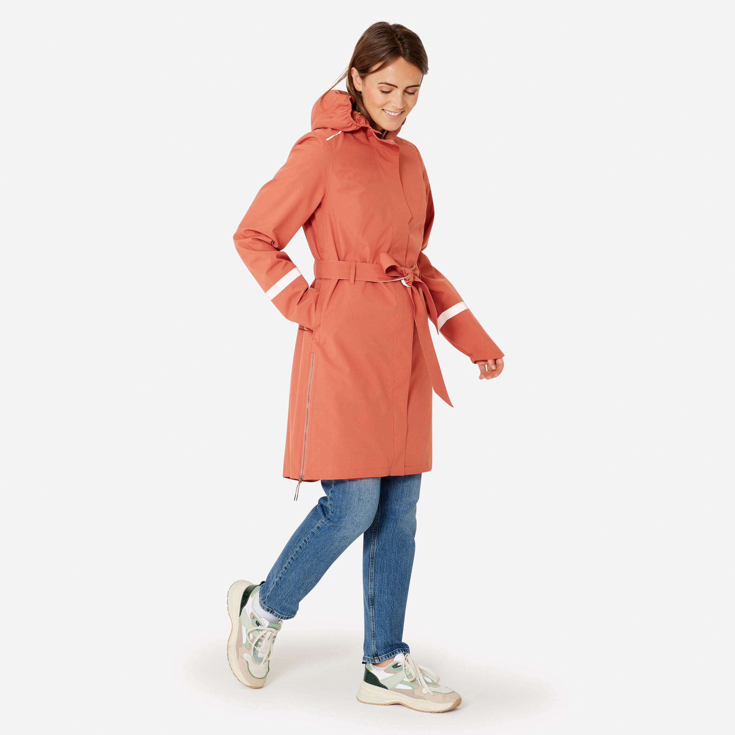 Women's City Bike Waterproof Trench Coat With Hood - Terra Cotta