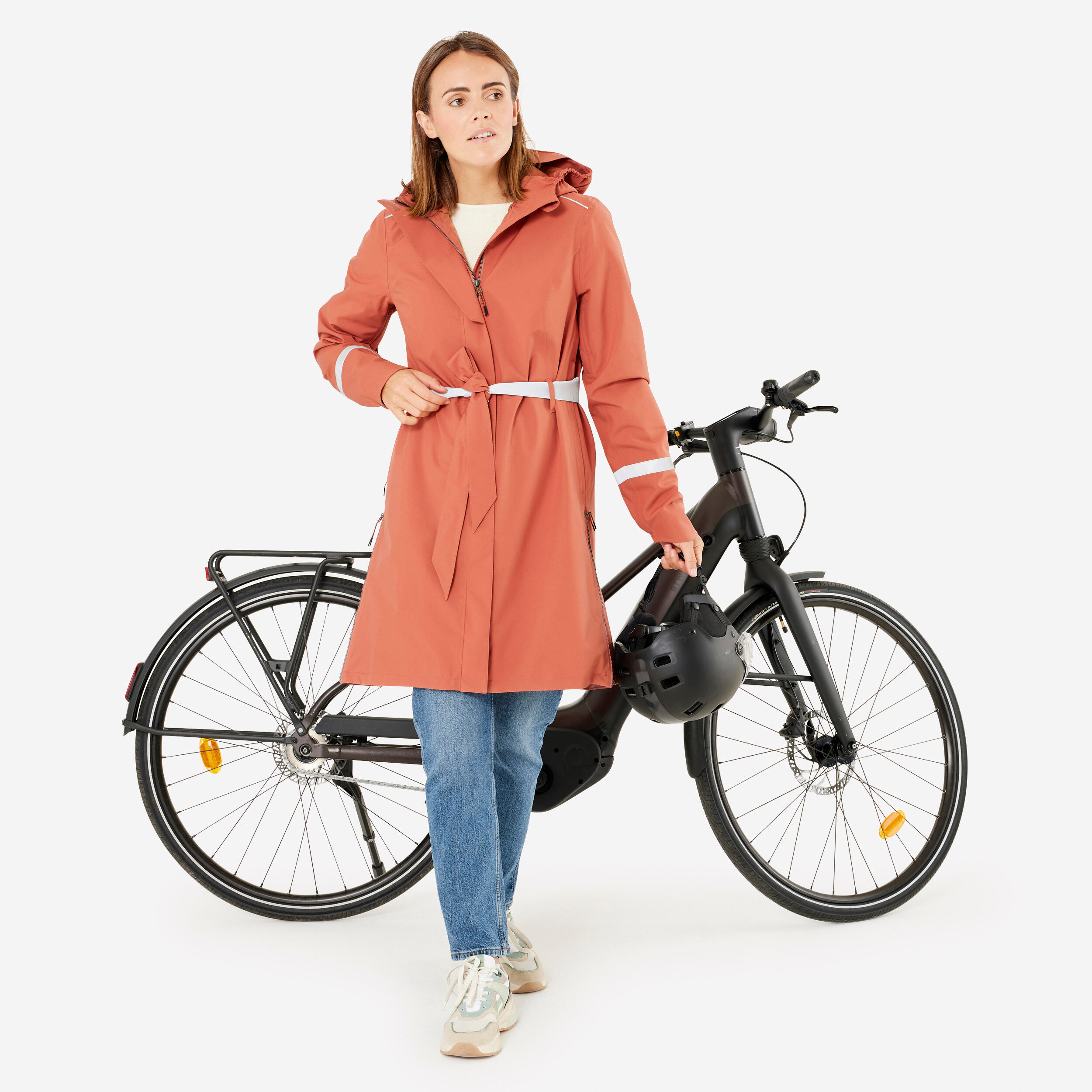 Wasserdichte Regentrenchcoat mit Kapuze Damen - Velo Stadt Terracotta 4/18