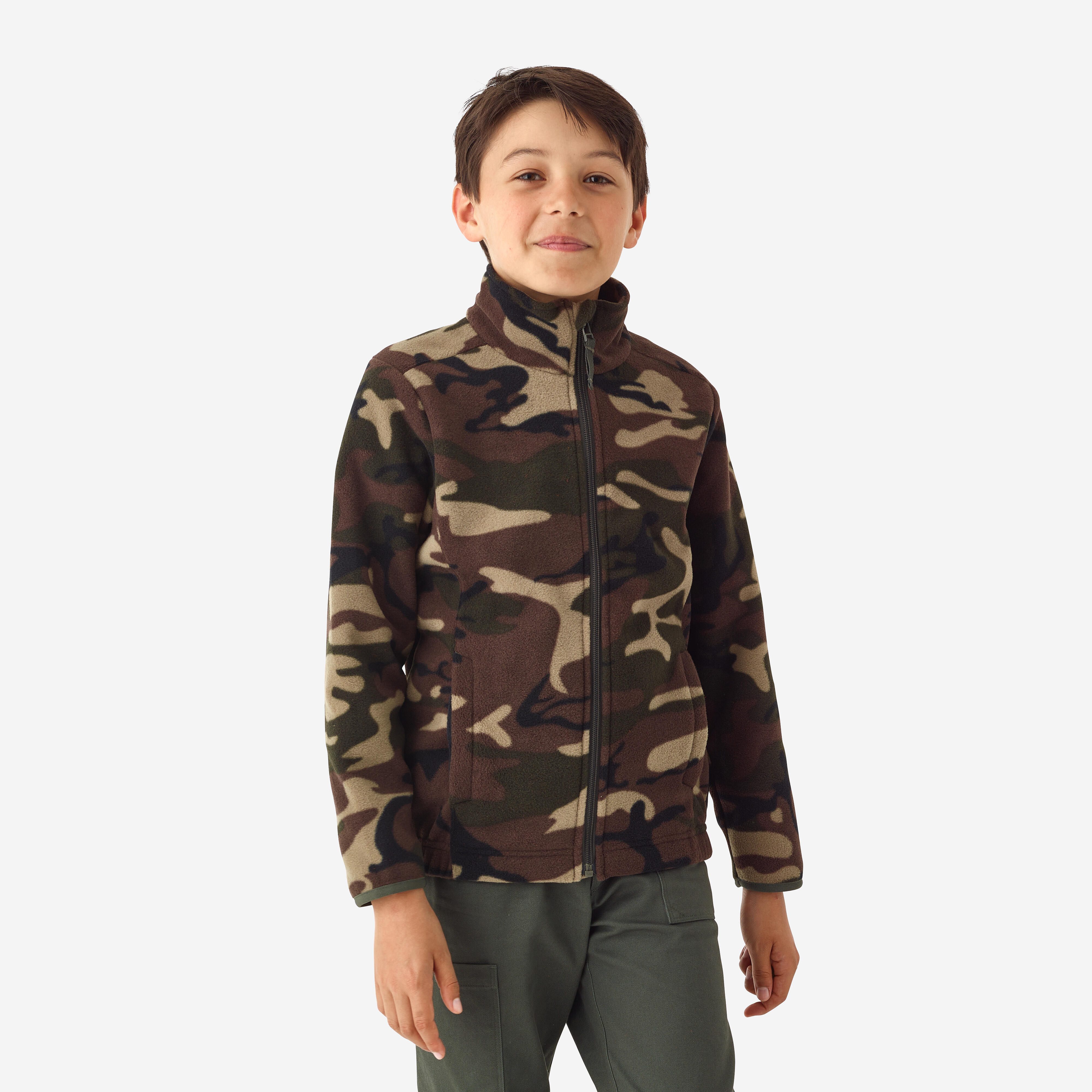 Polaire de chasse chaude enfant - 100 camouflage vert/marron - SOLOGNAC