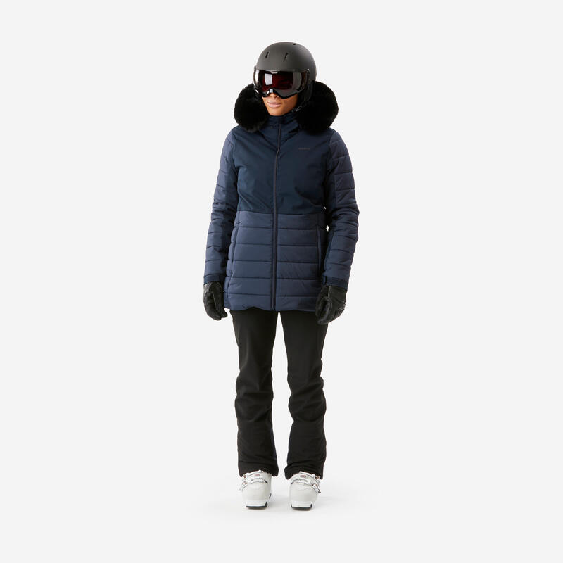 Casaco de ski quente meio-comprido mulher, 100 azul marinho