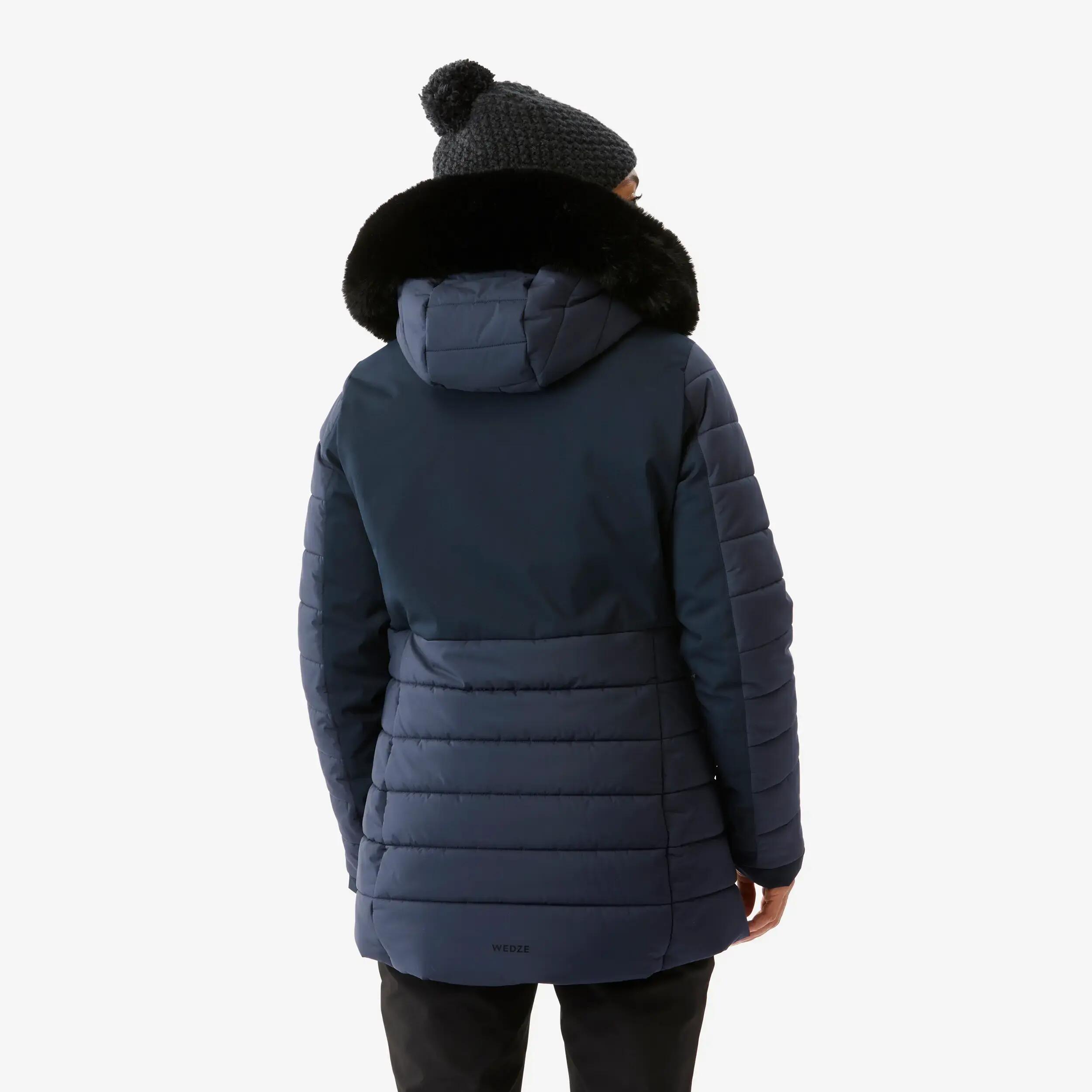 Women’s mid-length warm ski and snowboard jacket - 100 Navy Blue -  2