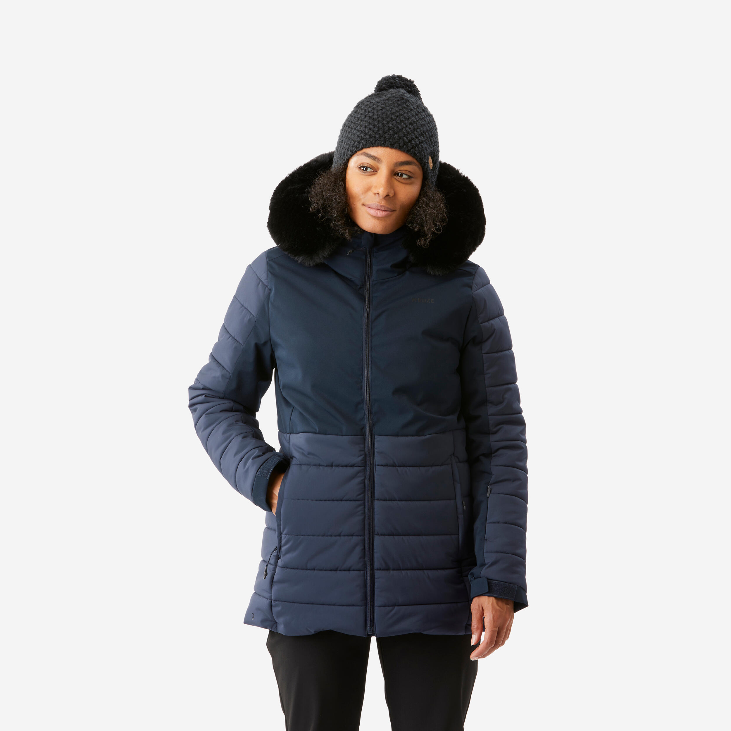 Women's mid-length warm ski jacket, 100 navy blue