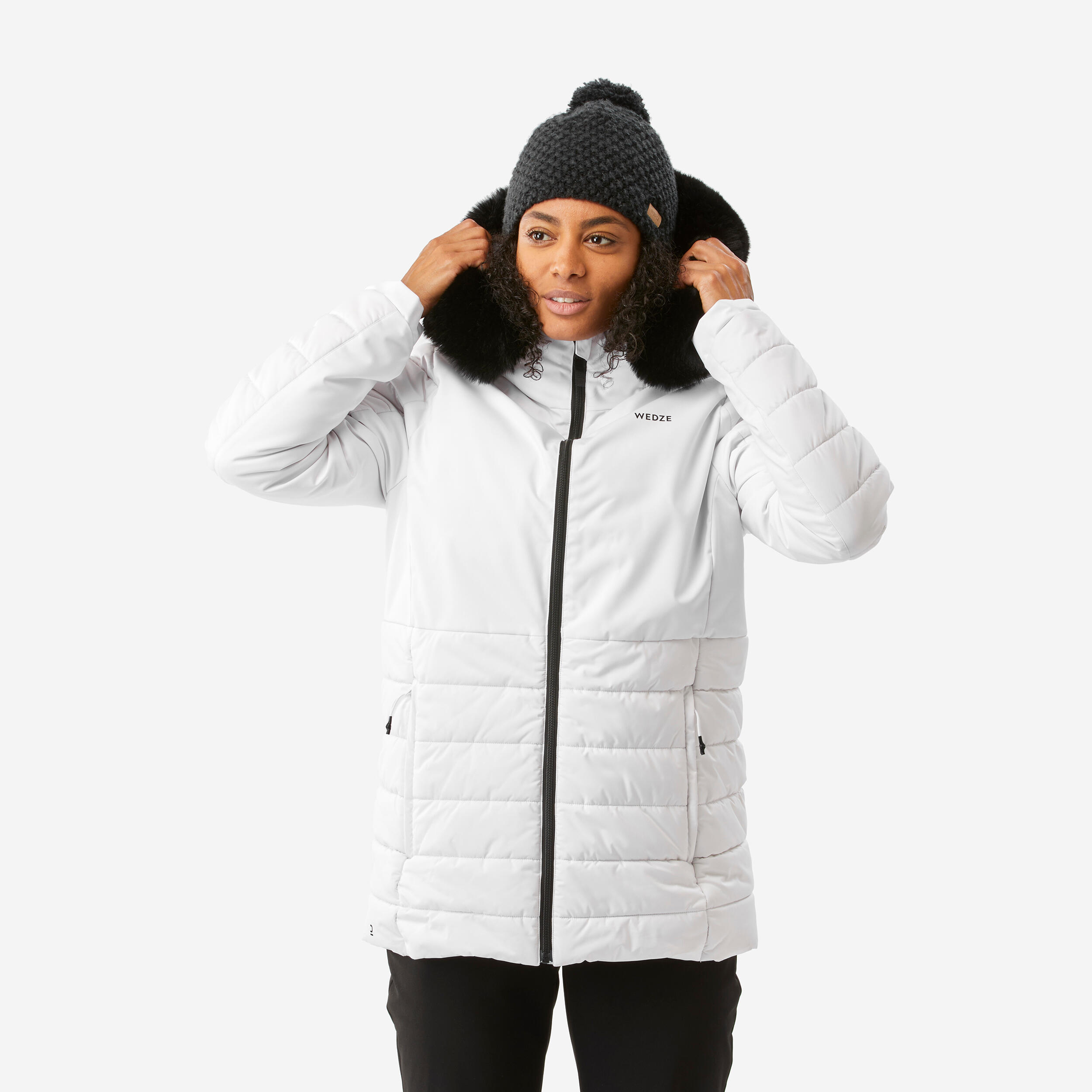 Women's mid-length warm ski jacket, 100 white