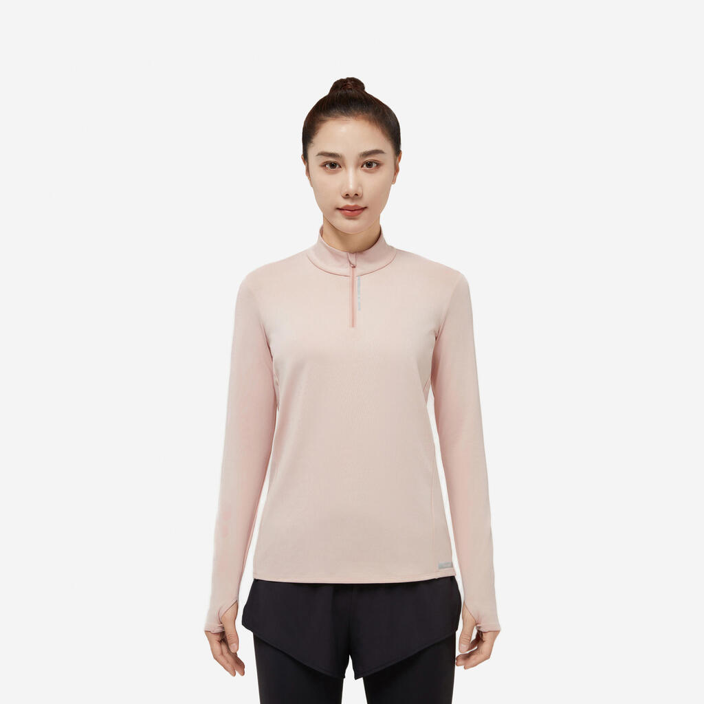 Women's warm long-sleeved running jacket-KIPRUN Run 100 Warm-Pink quartz