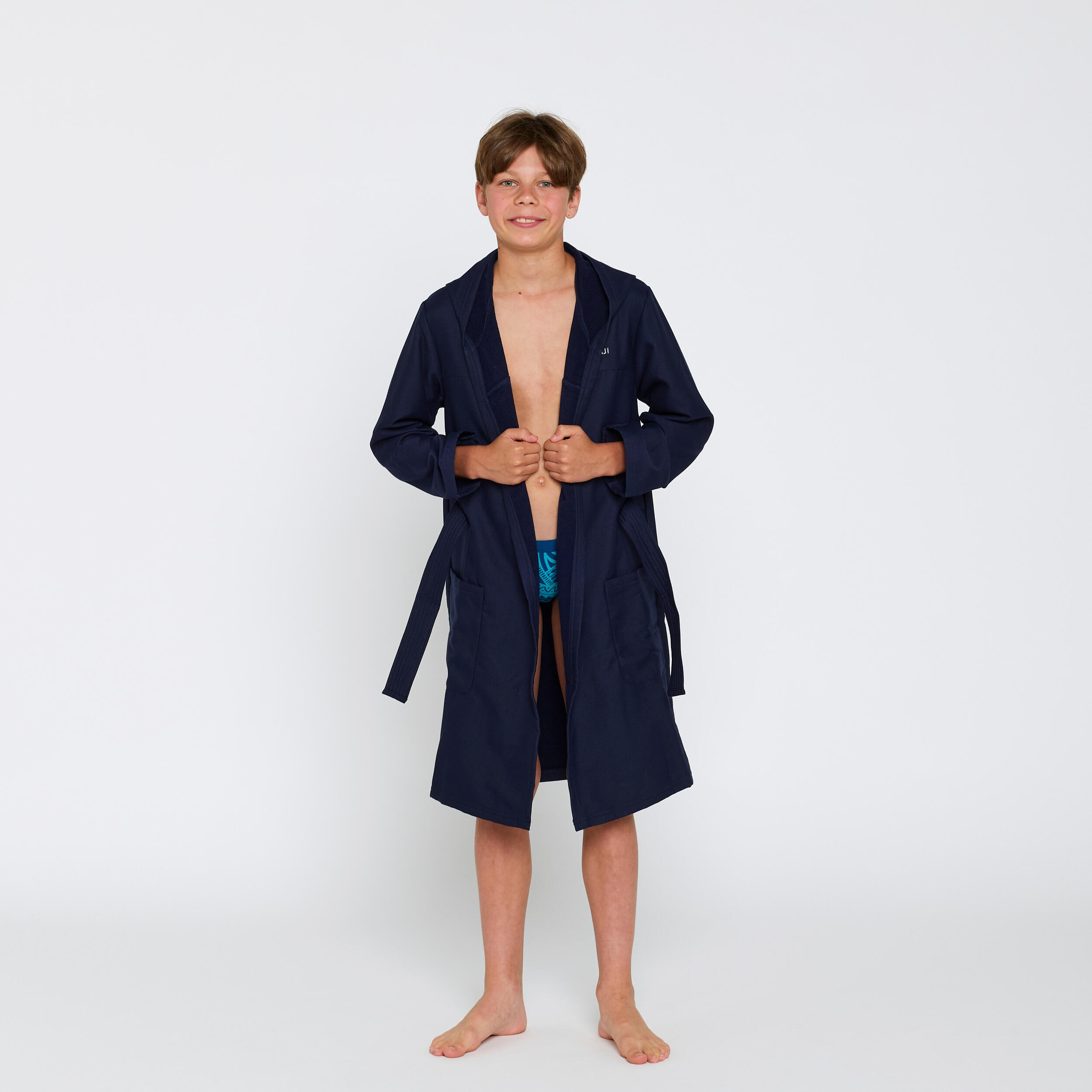 Dark blue microfiber hooded compact children's bathrobe