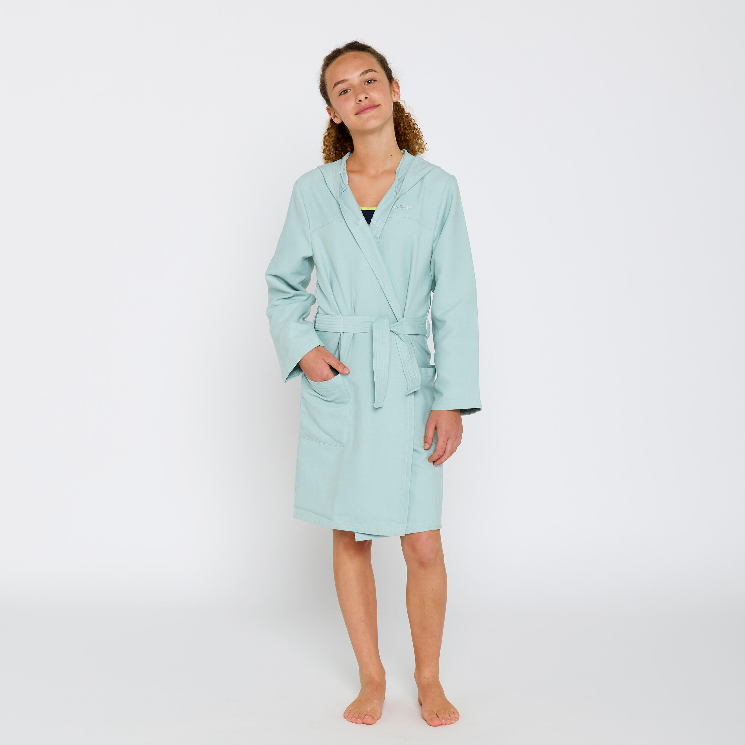 Light green microfiber hooded compact children's bathrobe