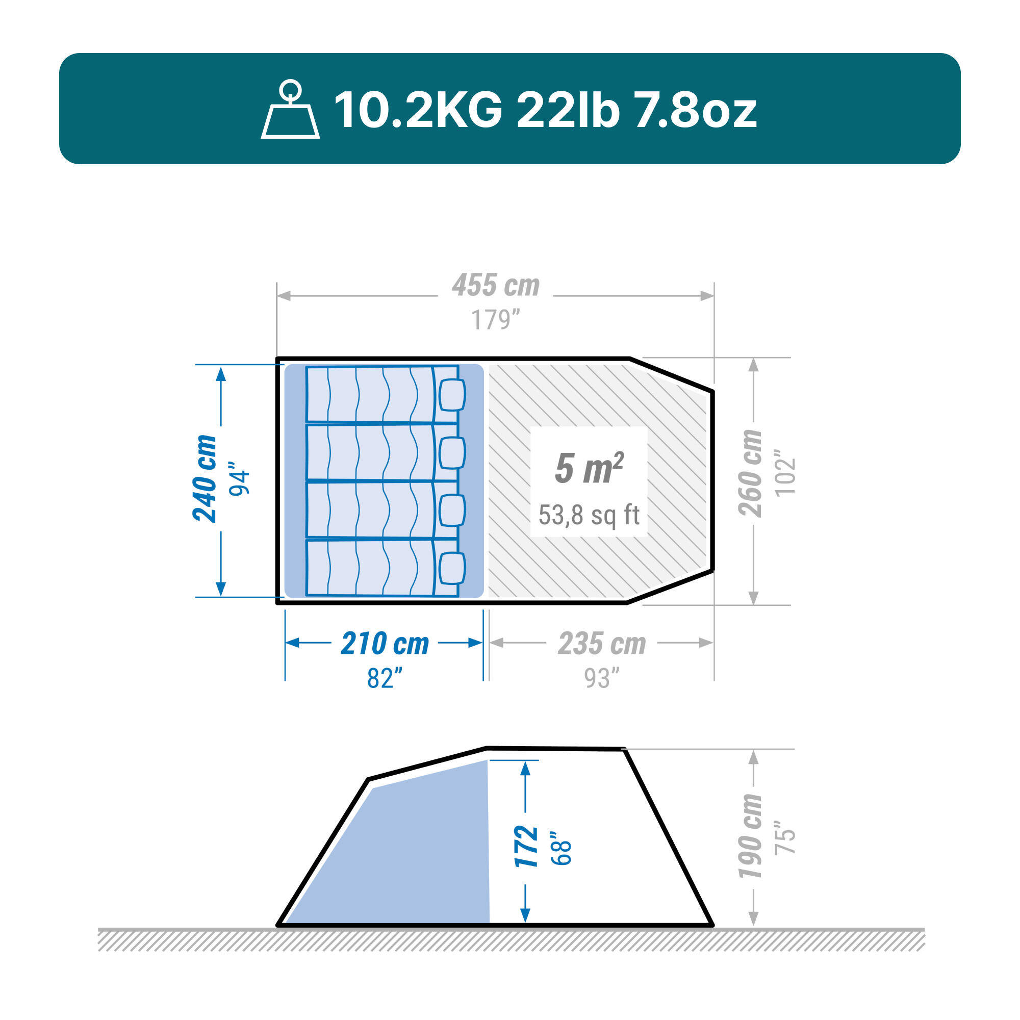 Camping Tent 4 Person 1 Bedroom Blue -  3