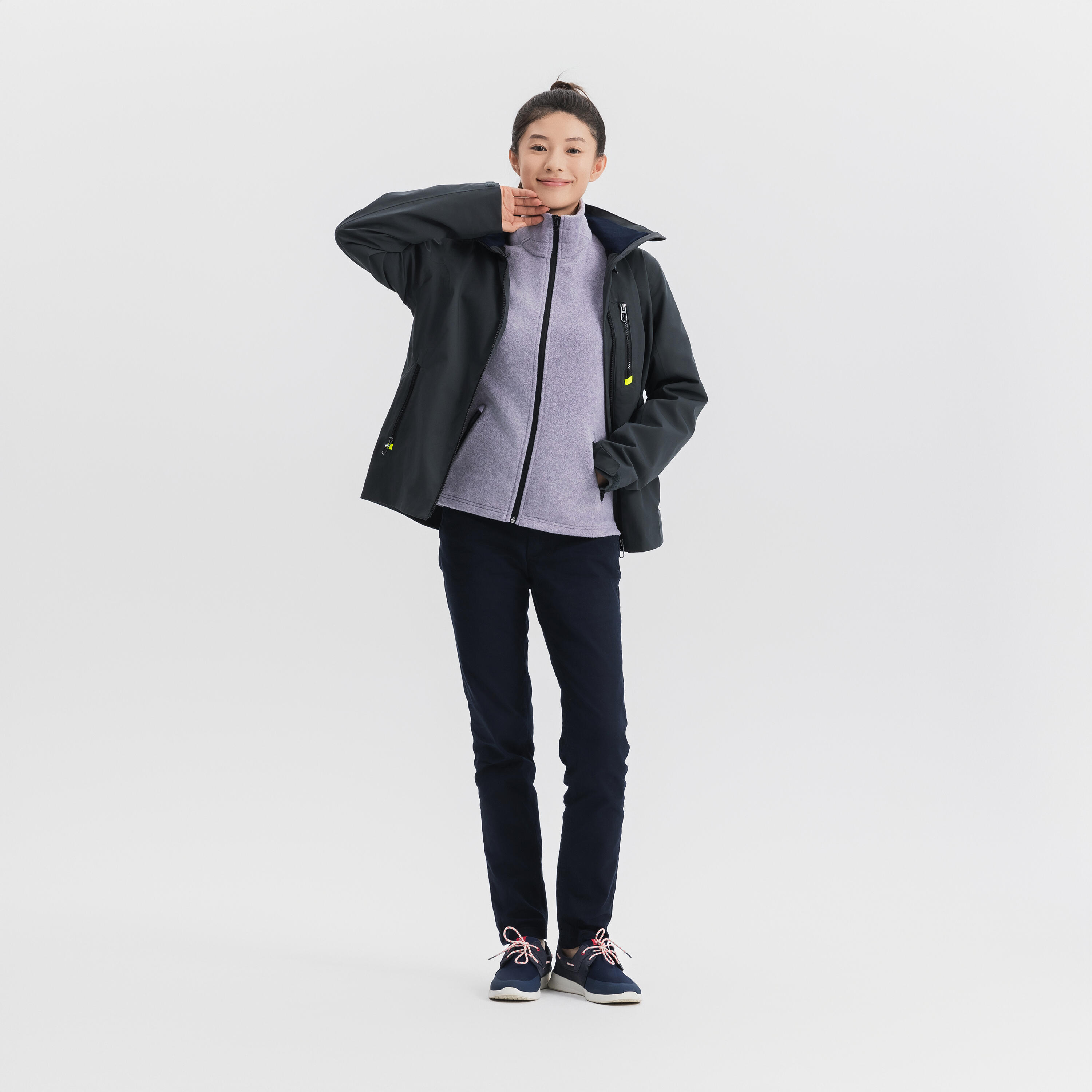 Veste imperméable coupe-vent de voile femme sailing 500 gris foncé capuche jaune 61/71