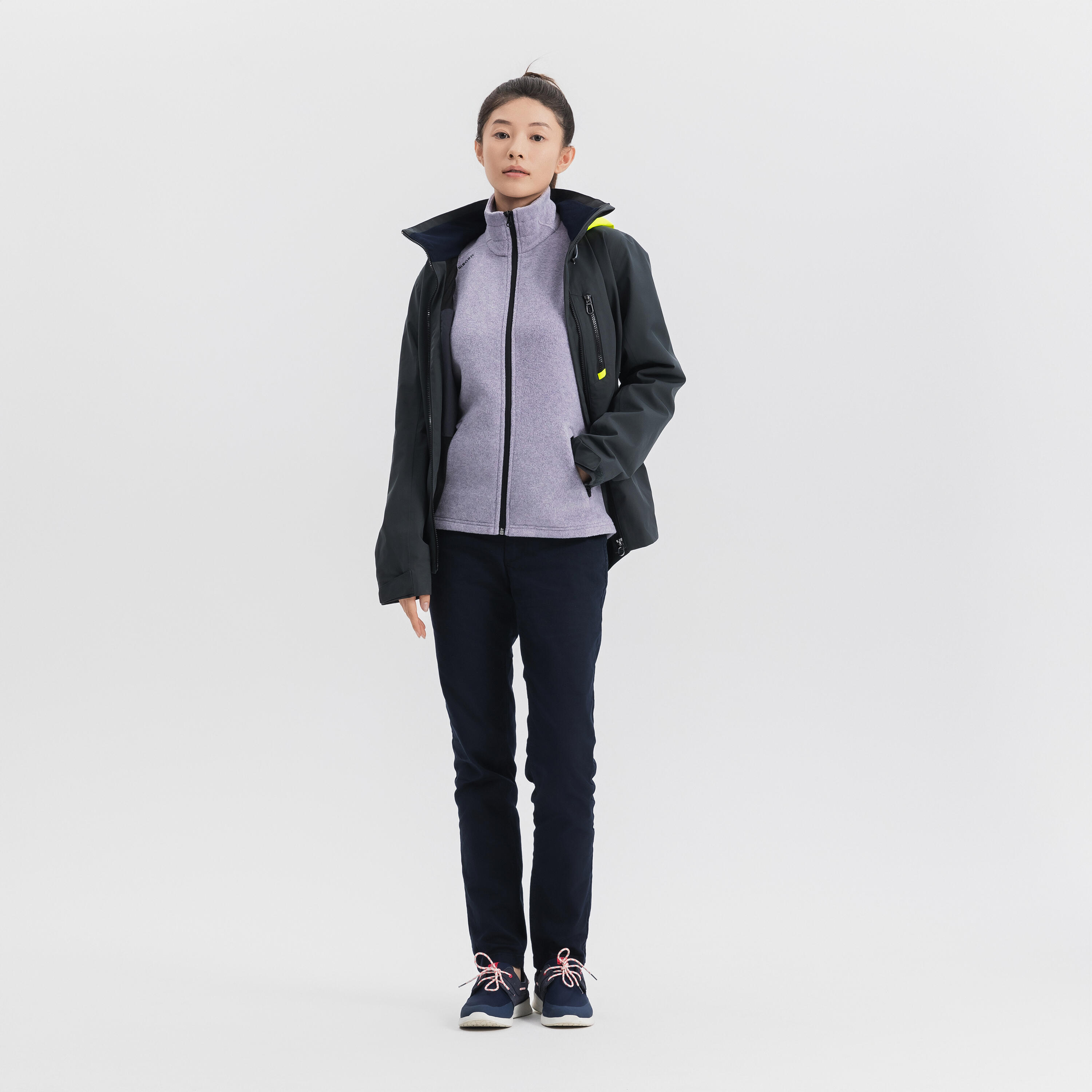 Veste imperméable coupe-vent de voile femme sailing 500 gris foncé capuche jaune 60/71