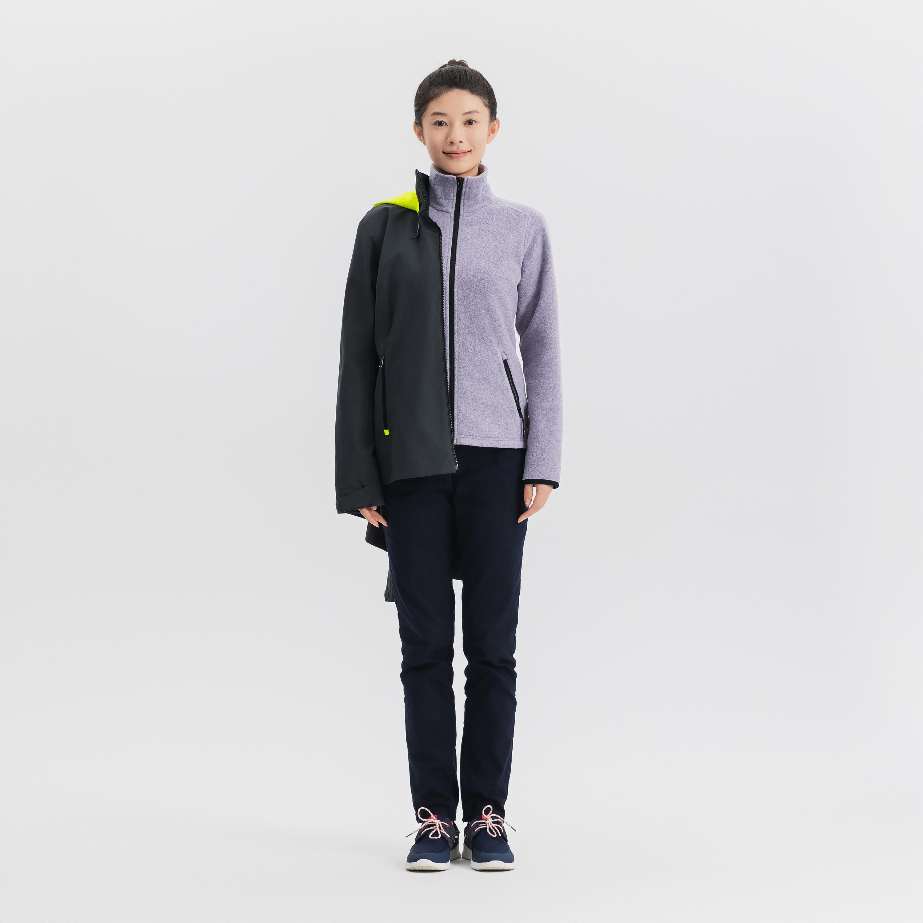Veste imperméable coupe-vent de voile femme sailing 500 gris foncé capuche jaune 59/71