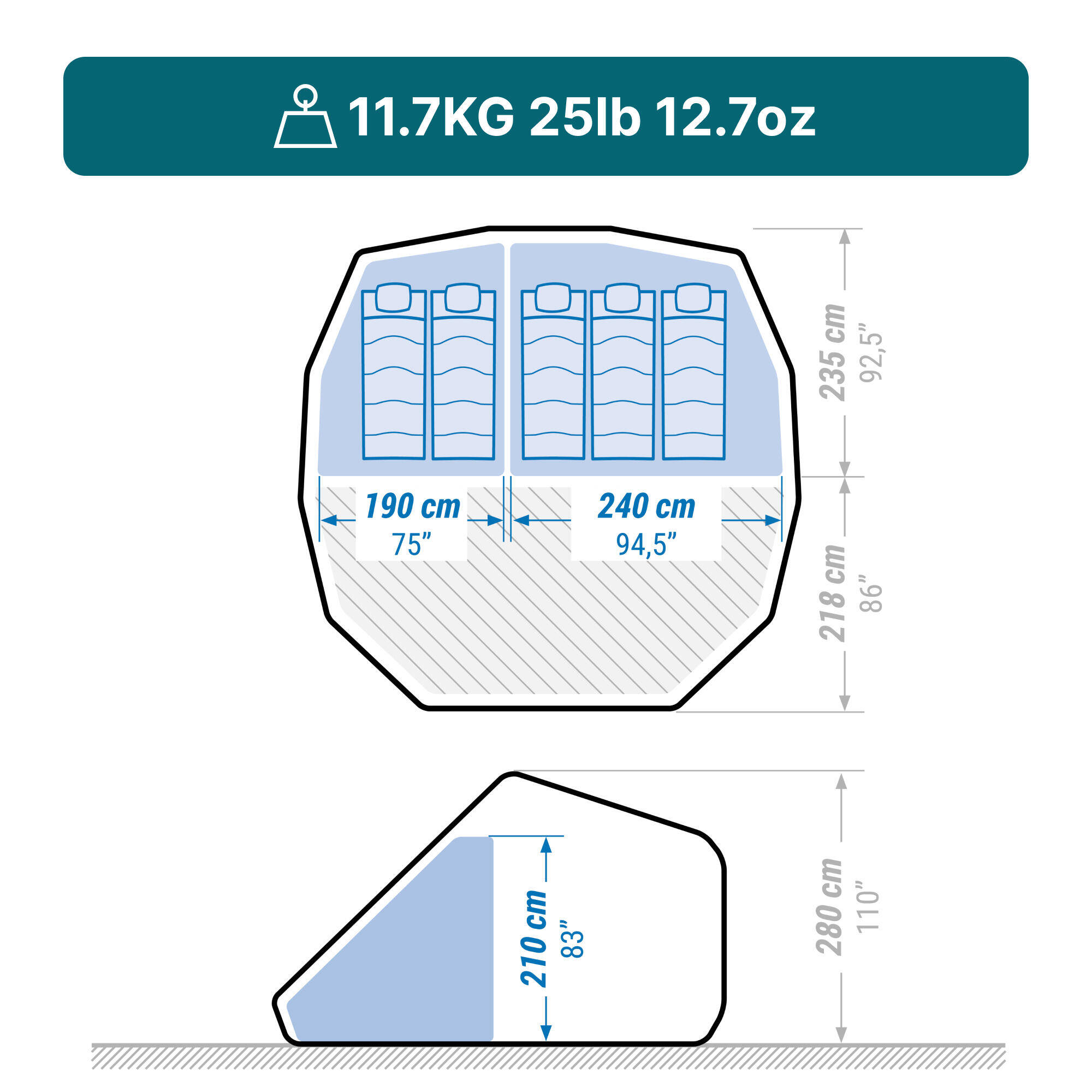 5-person, 2-bedroom camping tepee tent, Tepee 5.2 Polycotton -  3