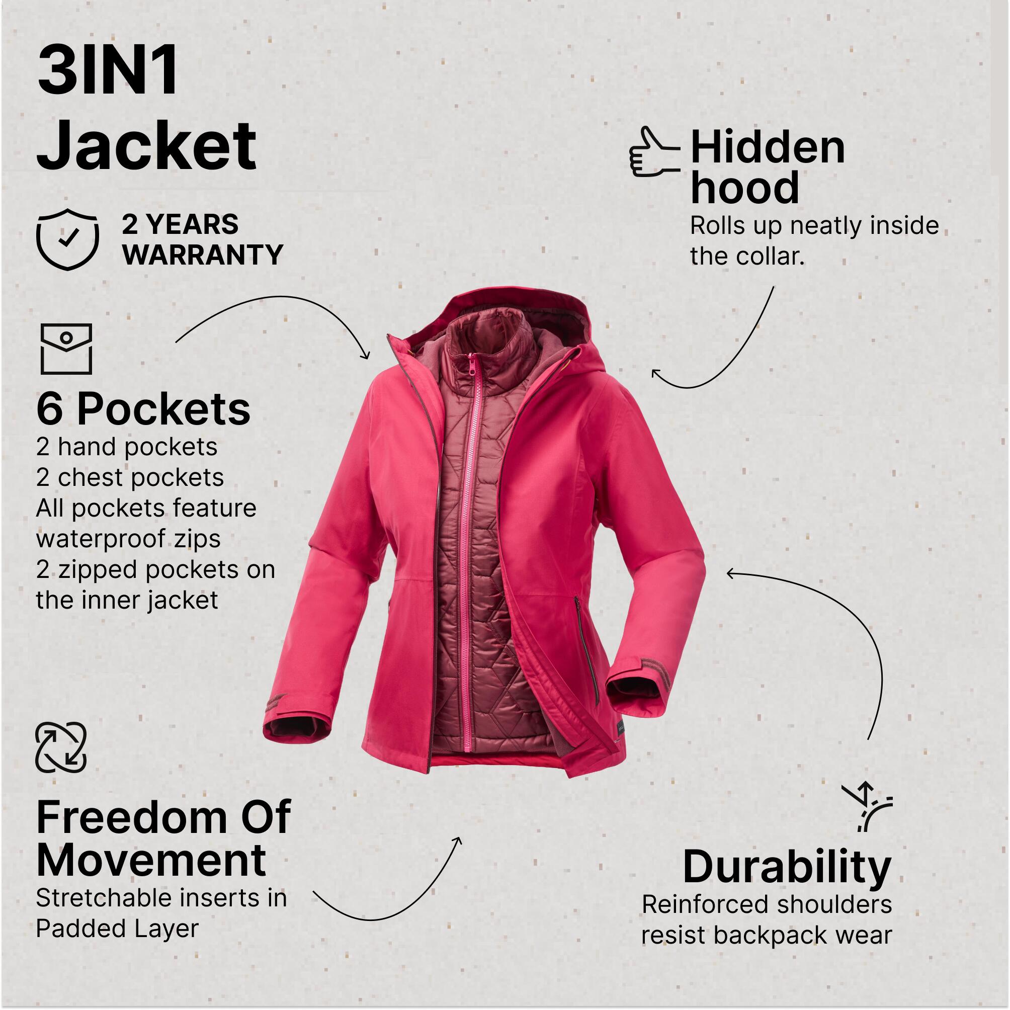 Women’s 3-in-1 waterproof winter hiking jacket - SH500 mountain - 10°C