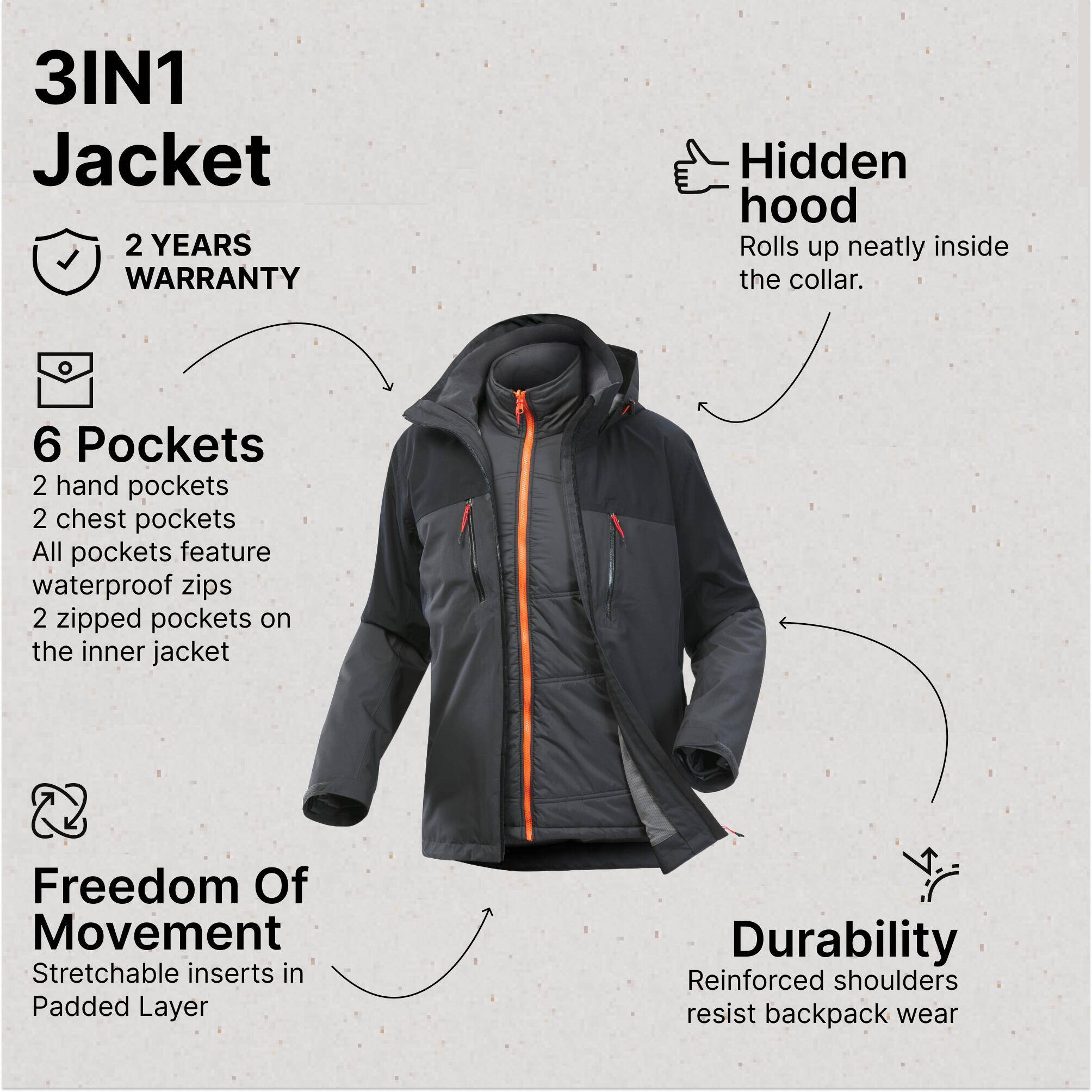 Men’s 3in1 waterproof hiking jacket -10°C, MH500 Mountain - Grey -  4