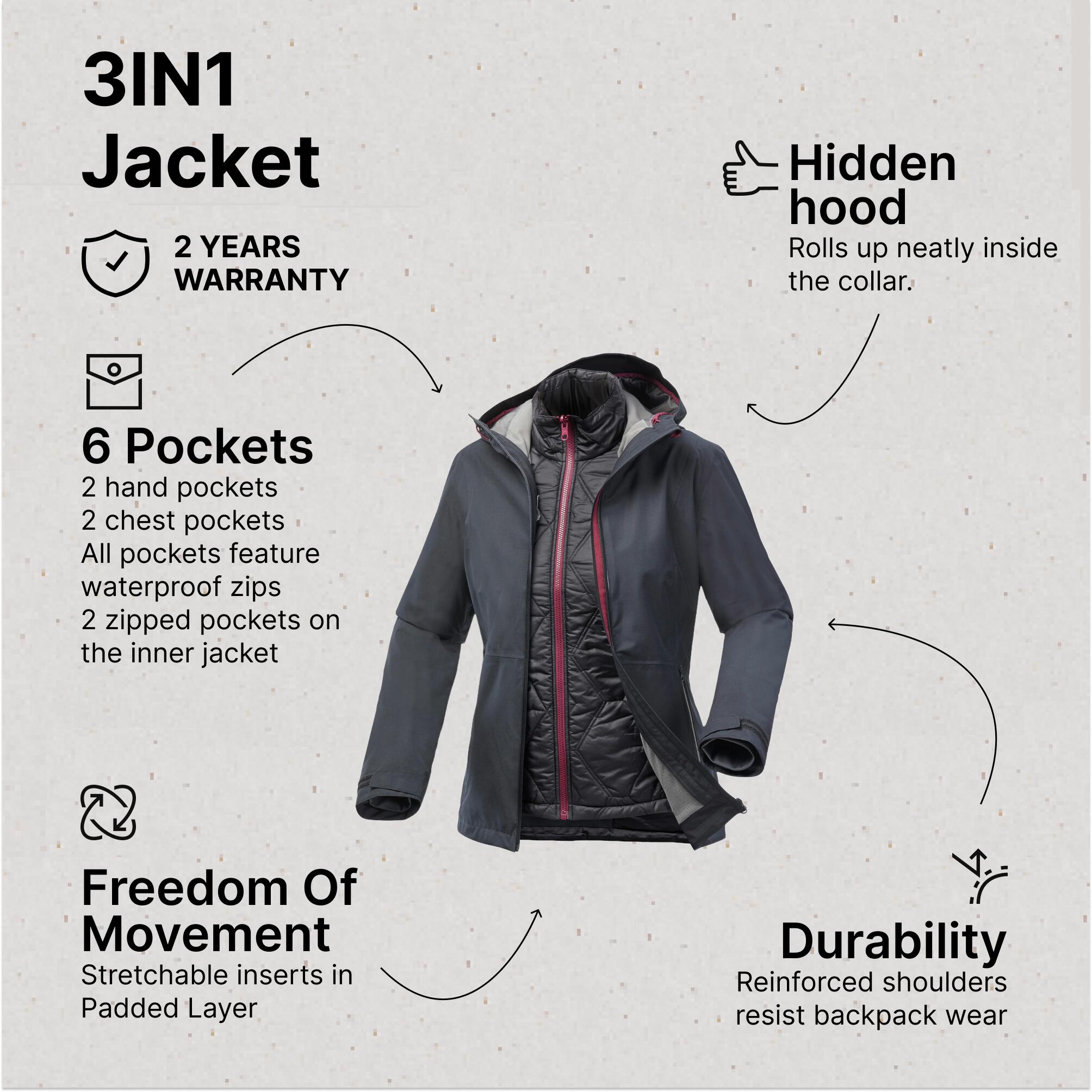 Women’s hiking 3-in-1 waterproof jacket SH500 Mountain - 10°C
