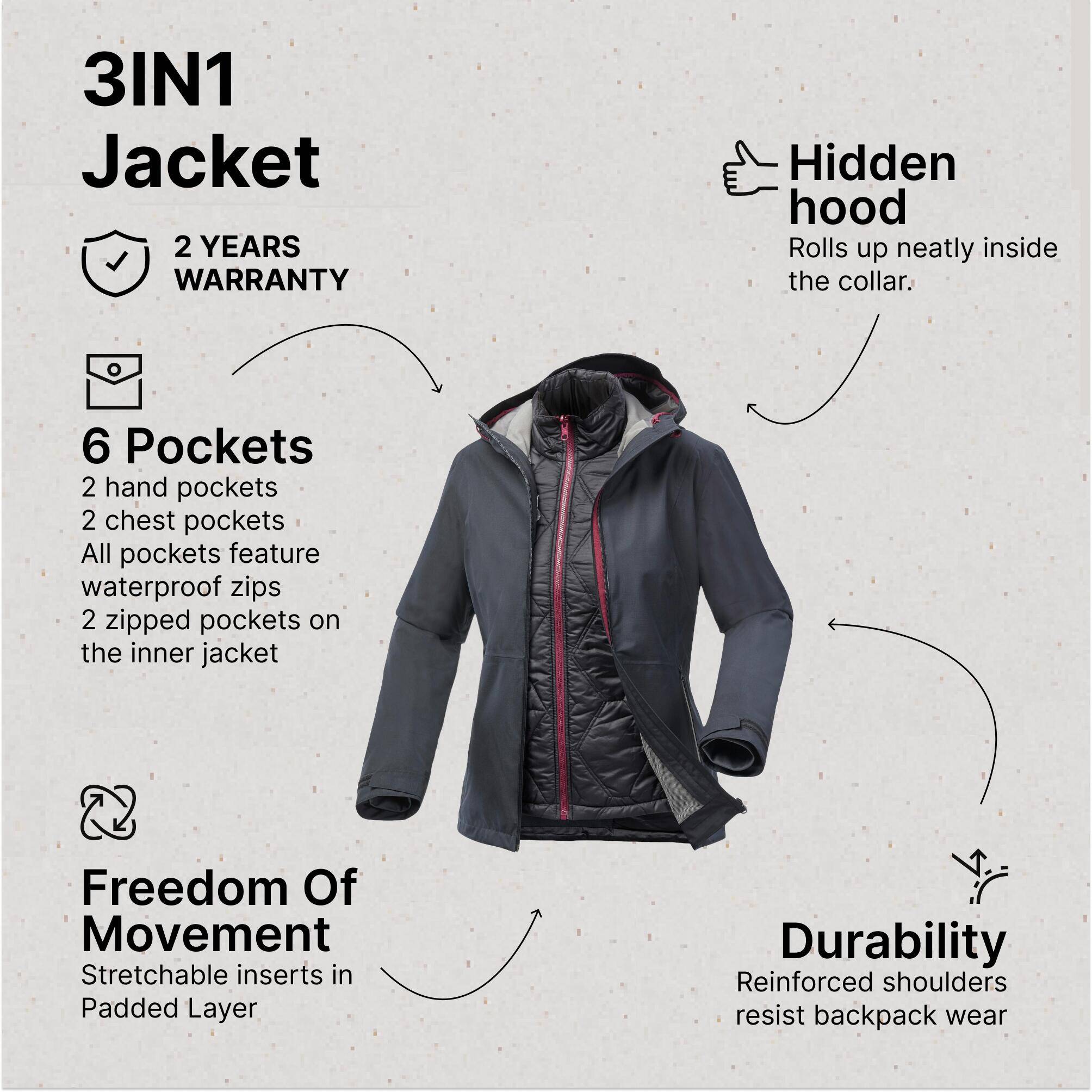 Women’s hiking 3-in-1 waterproof jacket SH500 Mountain - 10°C -  3