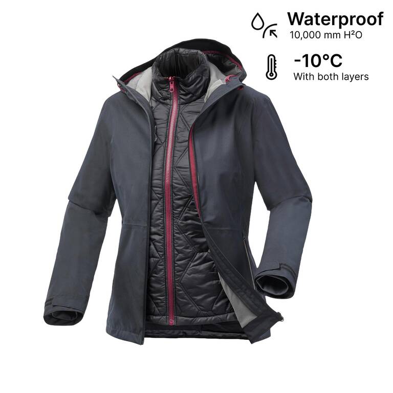 Women’s 3-in-1 waterproof winter hiking jacket - SH500 mountain - 10°C 