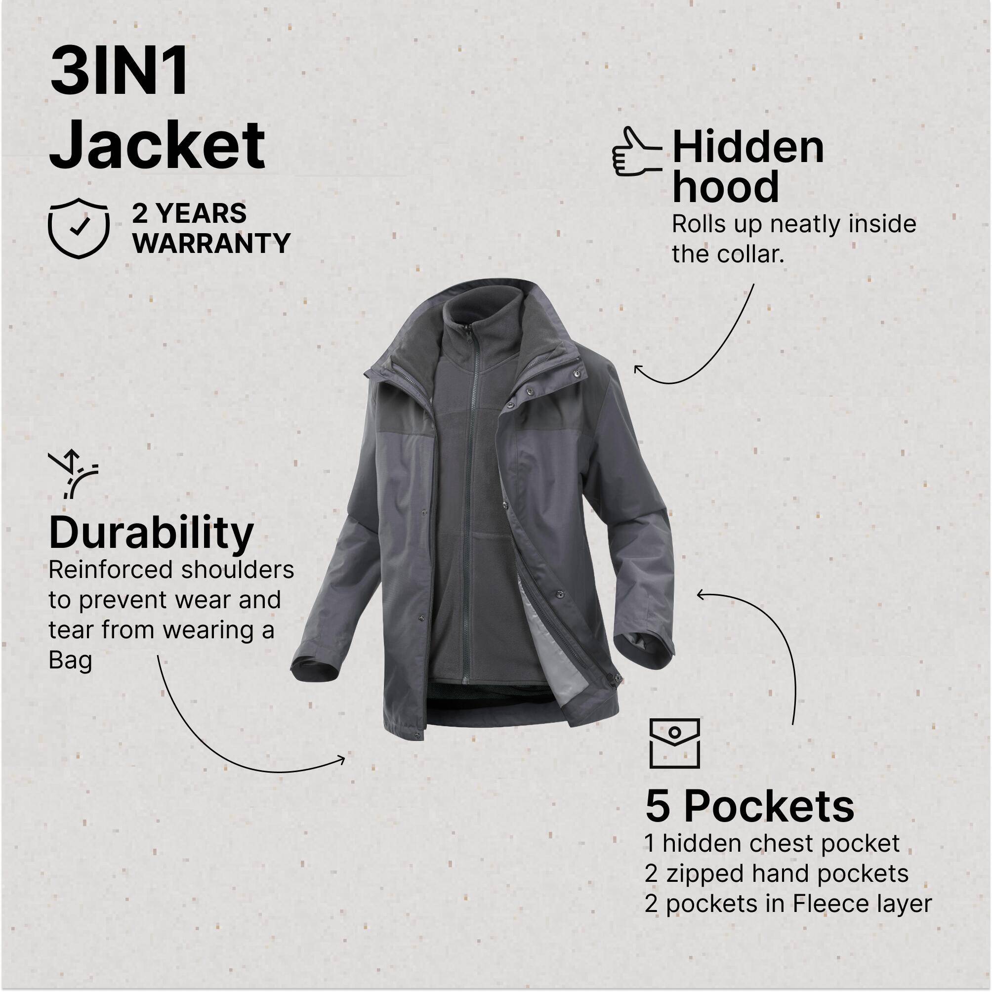 Men’s 3-in-1 waterproof hiking jacket - SH100 0°C Grey -  4