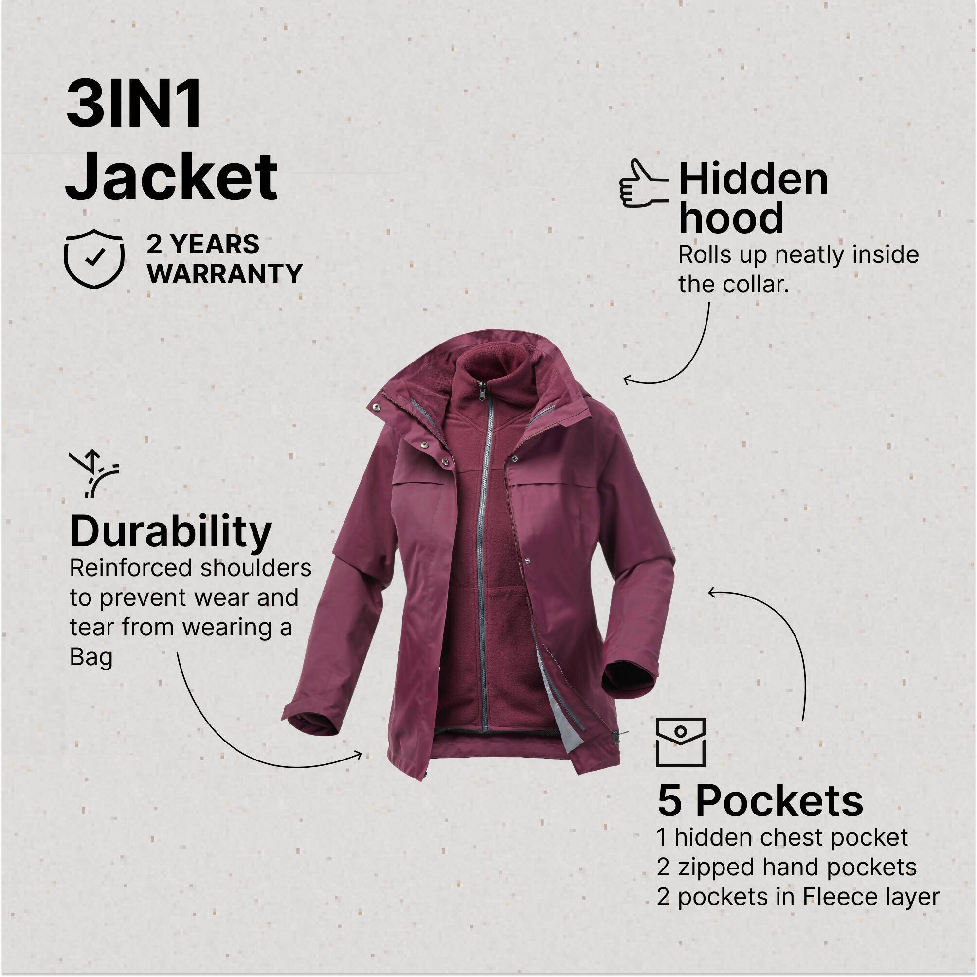 Women’s 3-in-1 warm hiking jacket 0°C, NH100 - Purple -  4