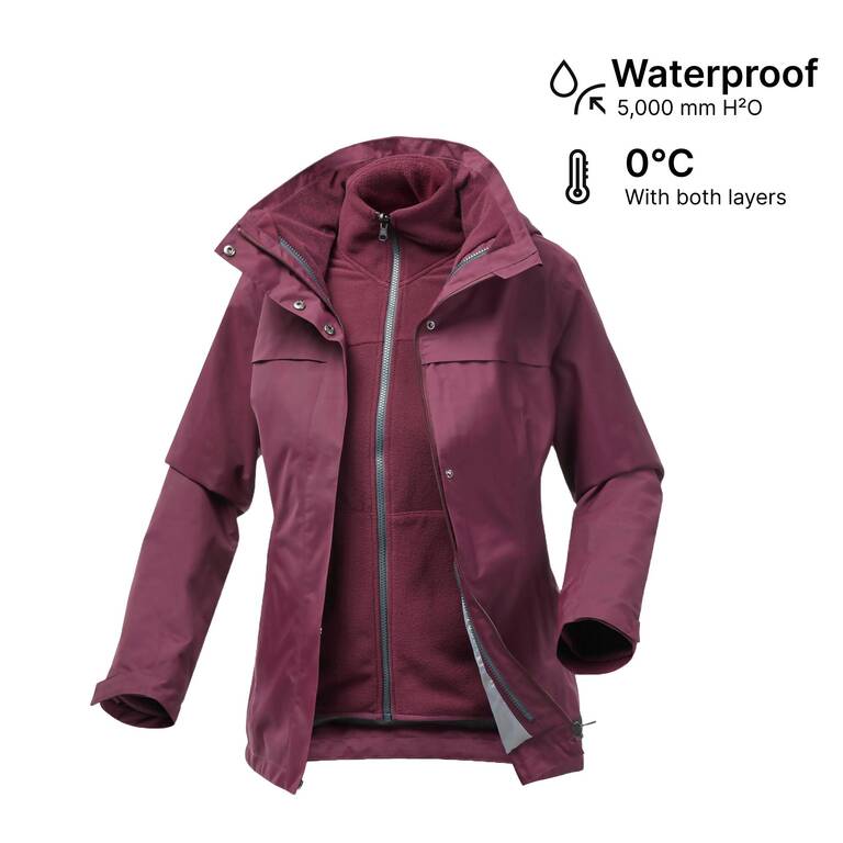 Women Travel Waterproof 3-in-1 jacket - Travel 100  0° - Burgundy