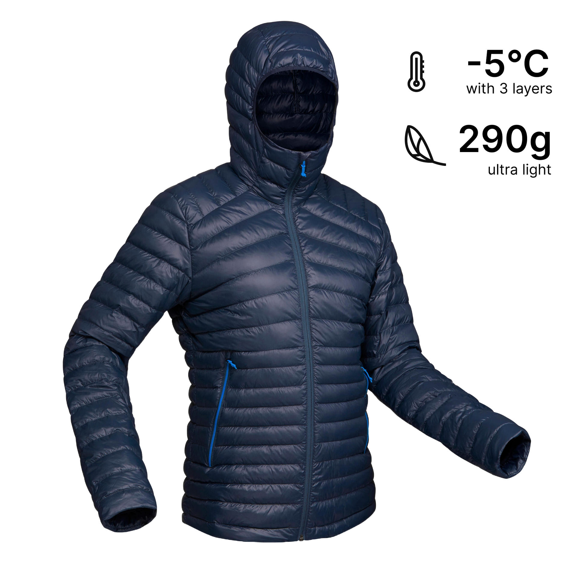 Men's Water-repellent Down Jacket with Hood MT100 -5°C Blue