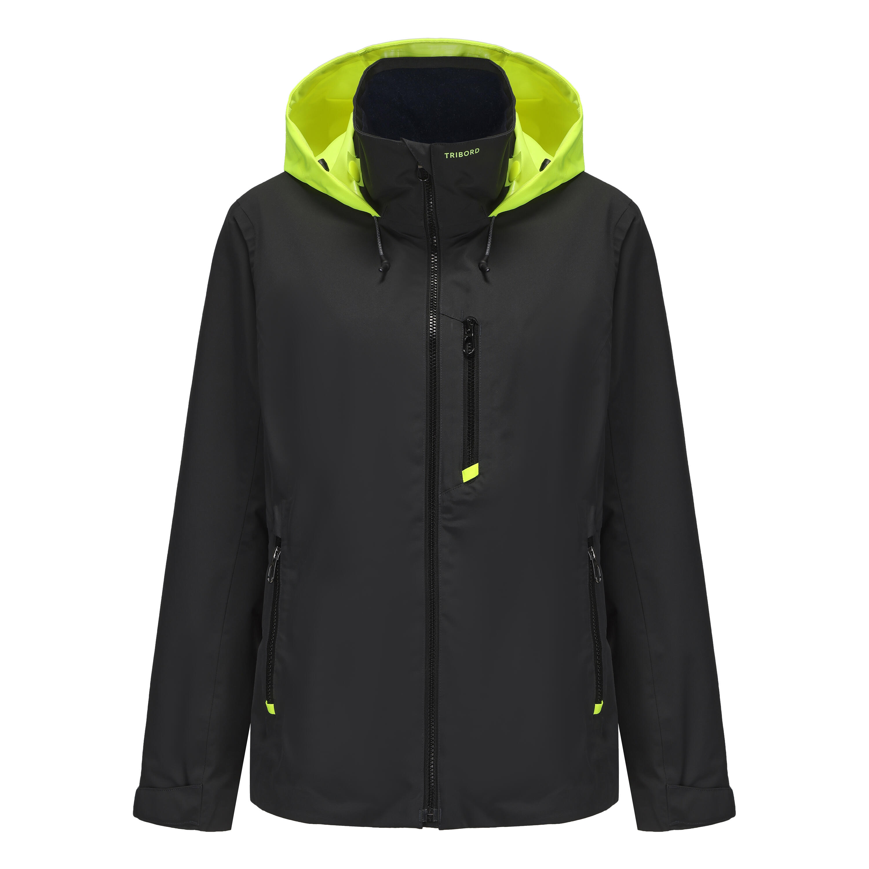 Veste imperméable coupe-vent de voile femme sailing 500 gris foncé capuche jaune 41/71