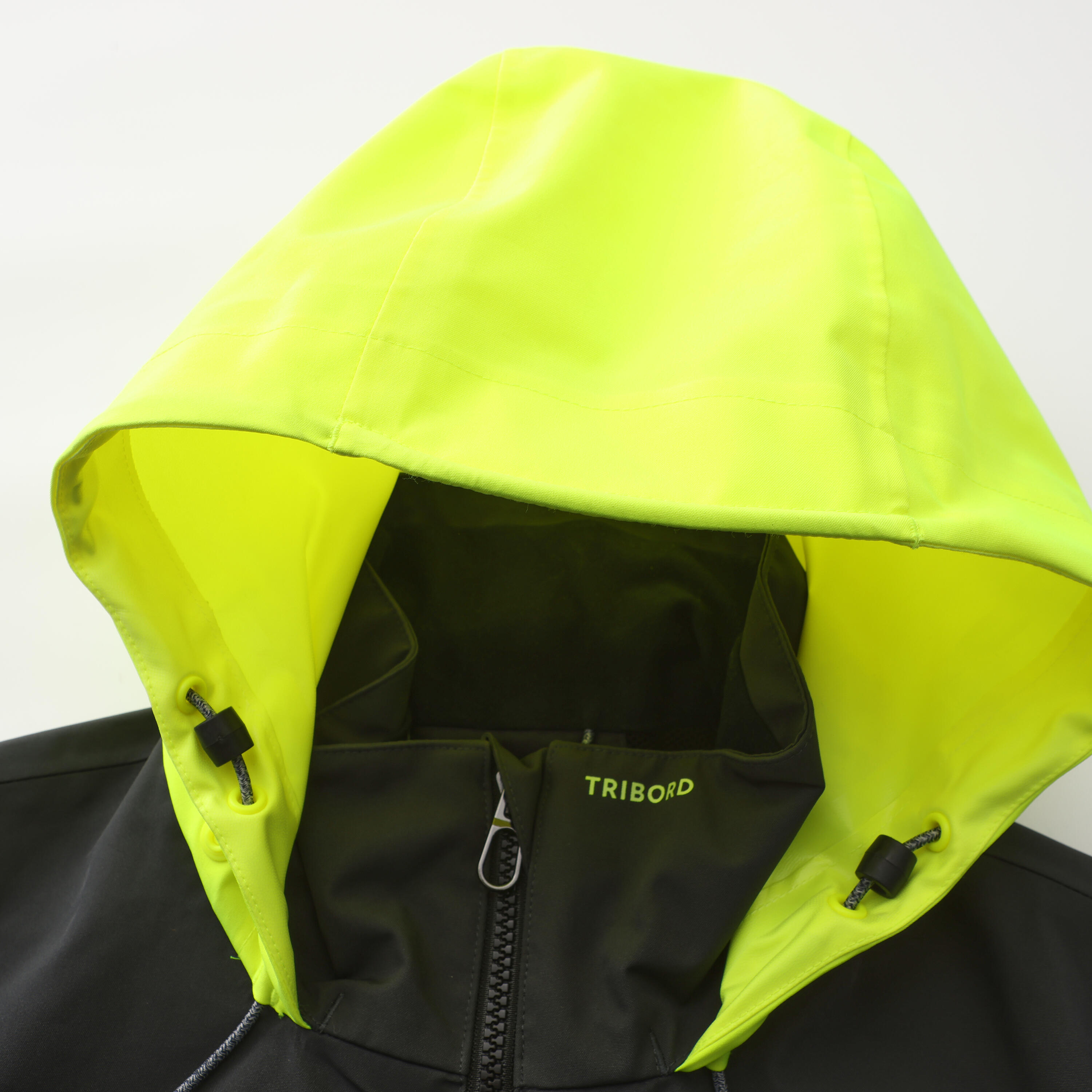 Veste imperméable coupe-vent de voile femme sailing 500 gris foncé capuche jaune 36/71