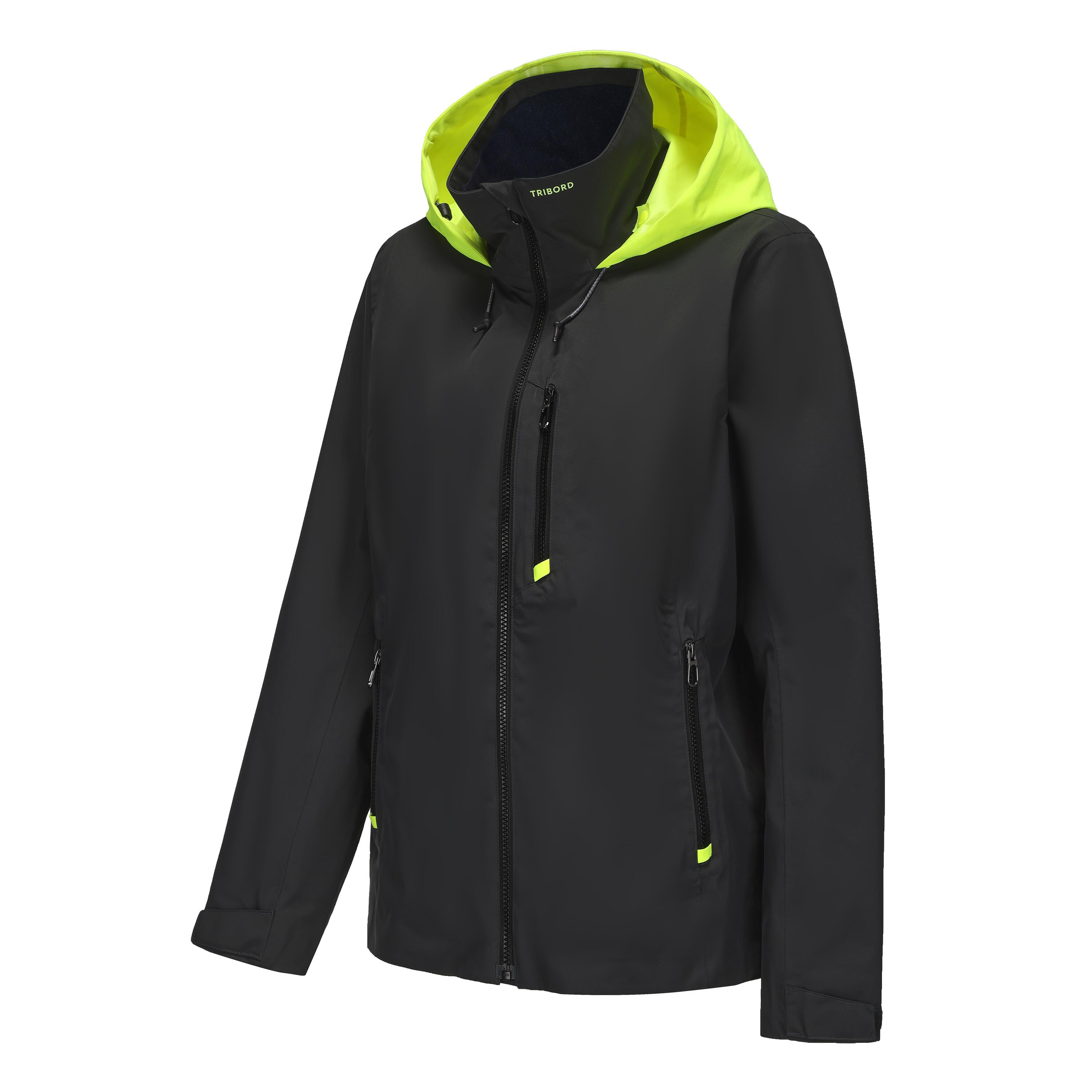 Veste imperméable coupe-vent de voile femme sailing 500 gris foncé capuche jaune 34/71