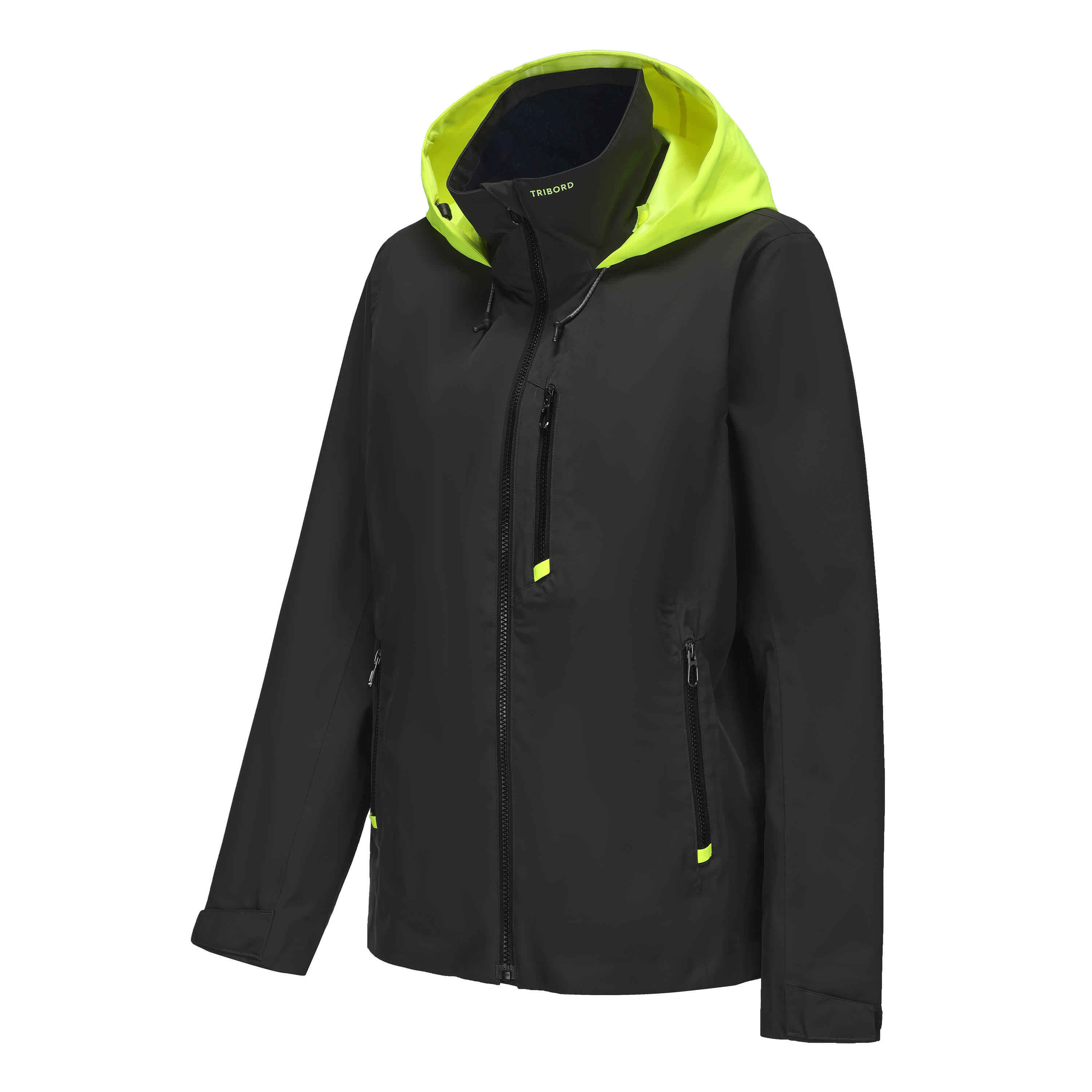 Veste imperméable coupe-vent de voile femme sailing 500 gris foncé capuche jaune 24/71