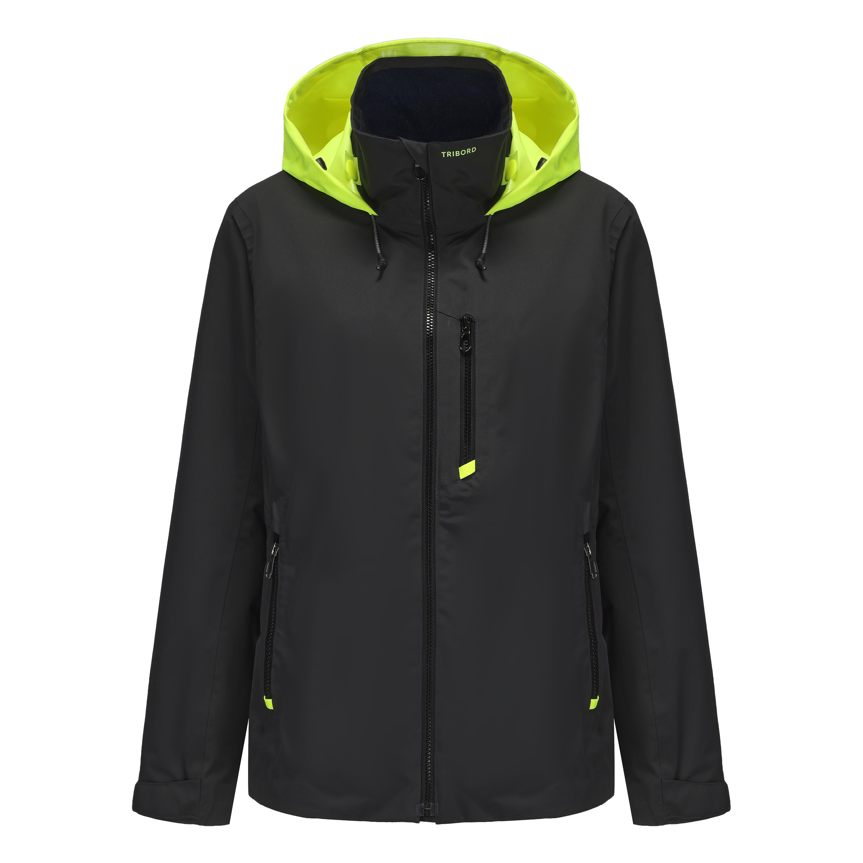 Veste imperméable coupe-vent de voile femme sailing 500 gris foncé capuche jaune 23/71