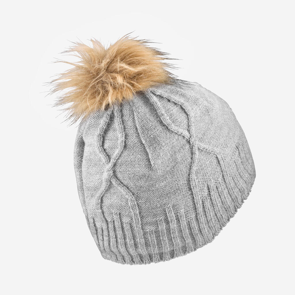 Adult Cable-knit Virgin Fur Hat - Light Grey