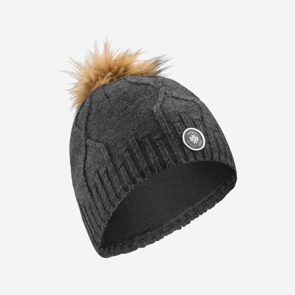 Adult Cable-knit Virgin Fur Hat - Light Grey