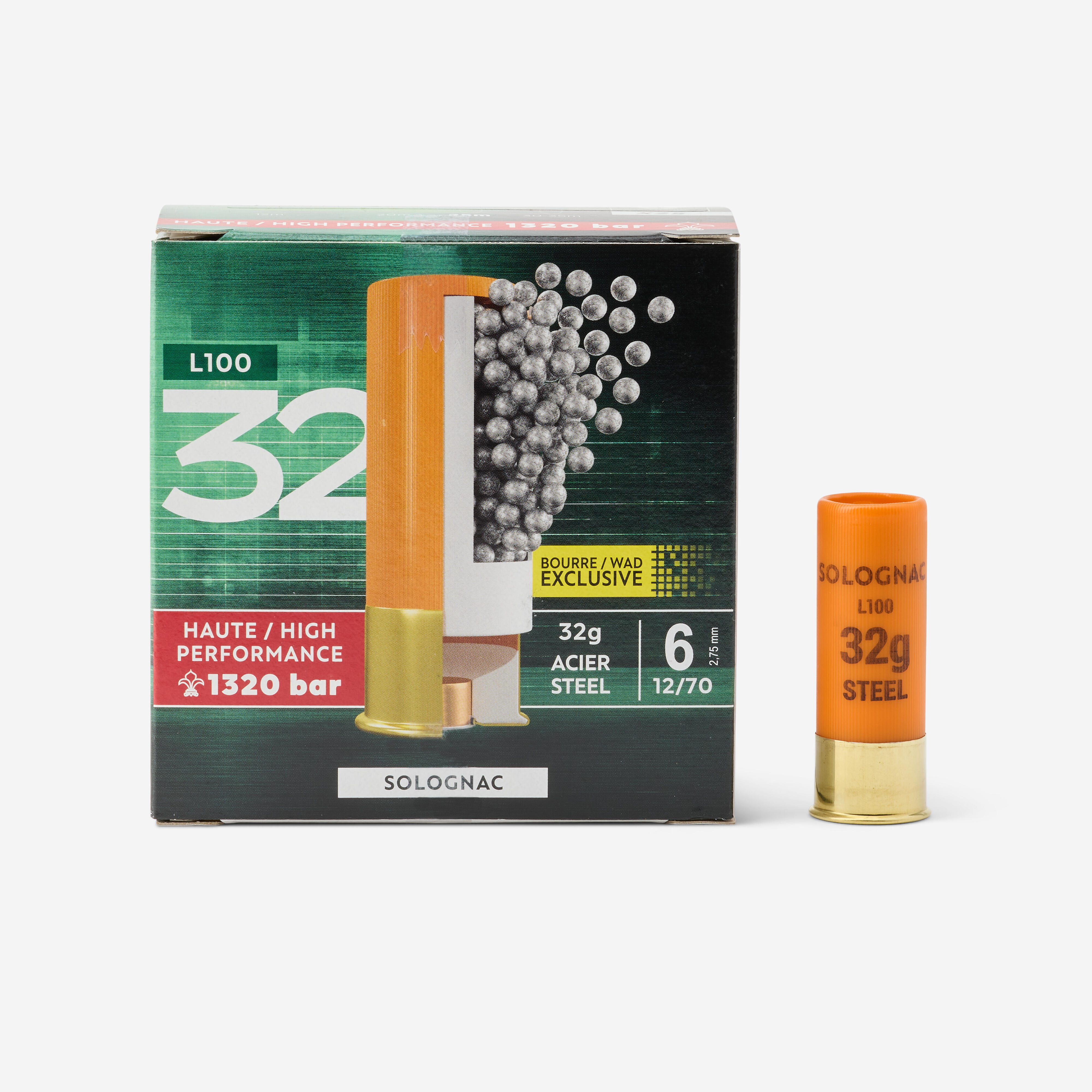CARTOUCHE L100 32g BD CAL12/70 BILLE ACIER N°6 X25 Solognac