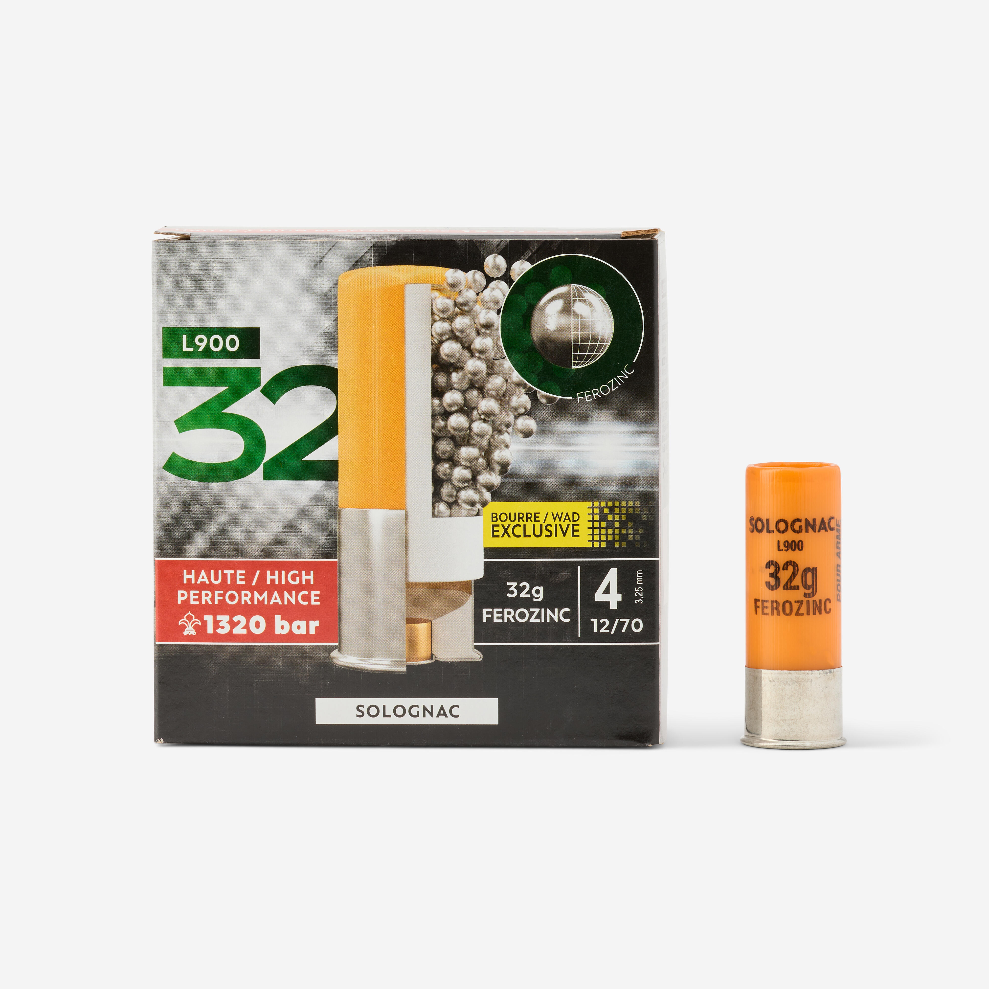 CARTOUCHE L900 32g BD CAL12/70 BILLE FEROZINC N°4 X25 Solognac